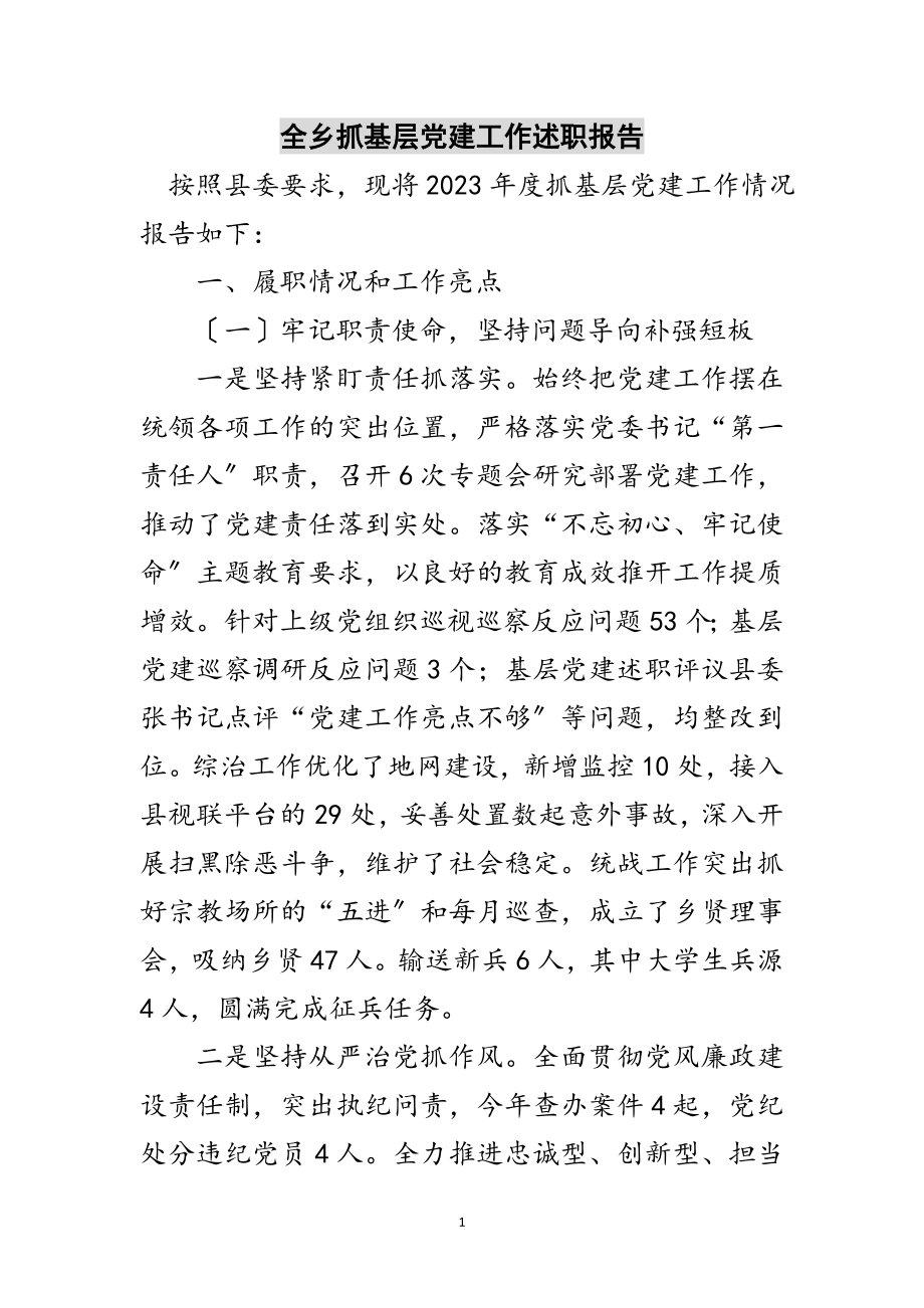 2023年全乡抓基层党建工作述职报告范文.doc_第1页