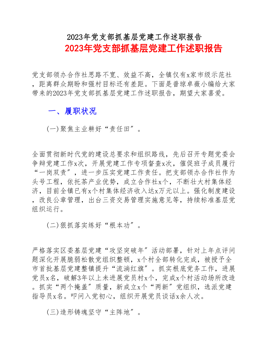 2023年党支部抓基层党建工作述职报告.docx_第1页