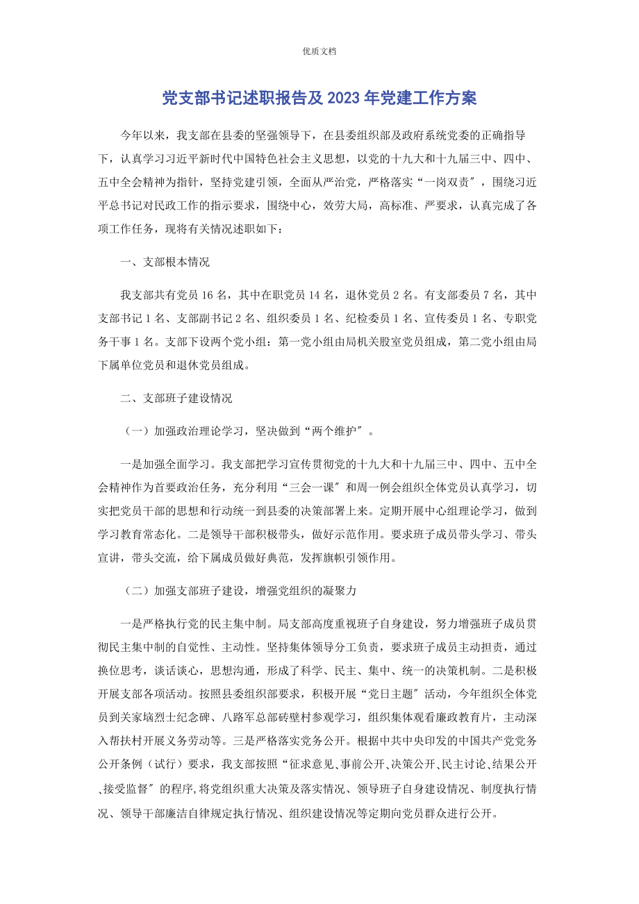 2023年党支部书记述职报告及党建工作计划.docx_第1页