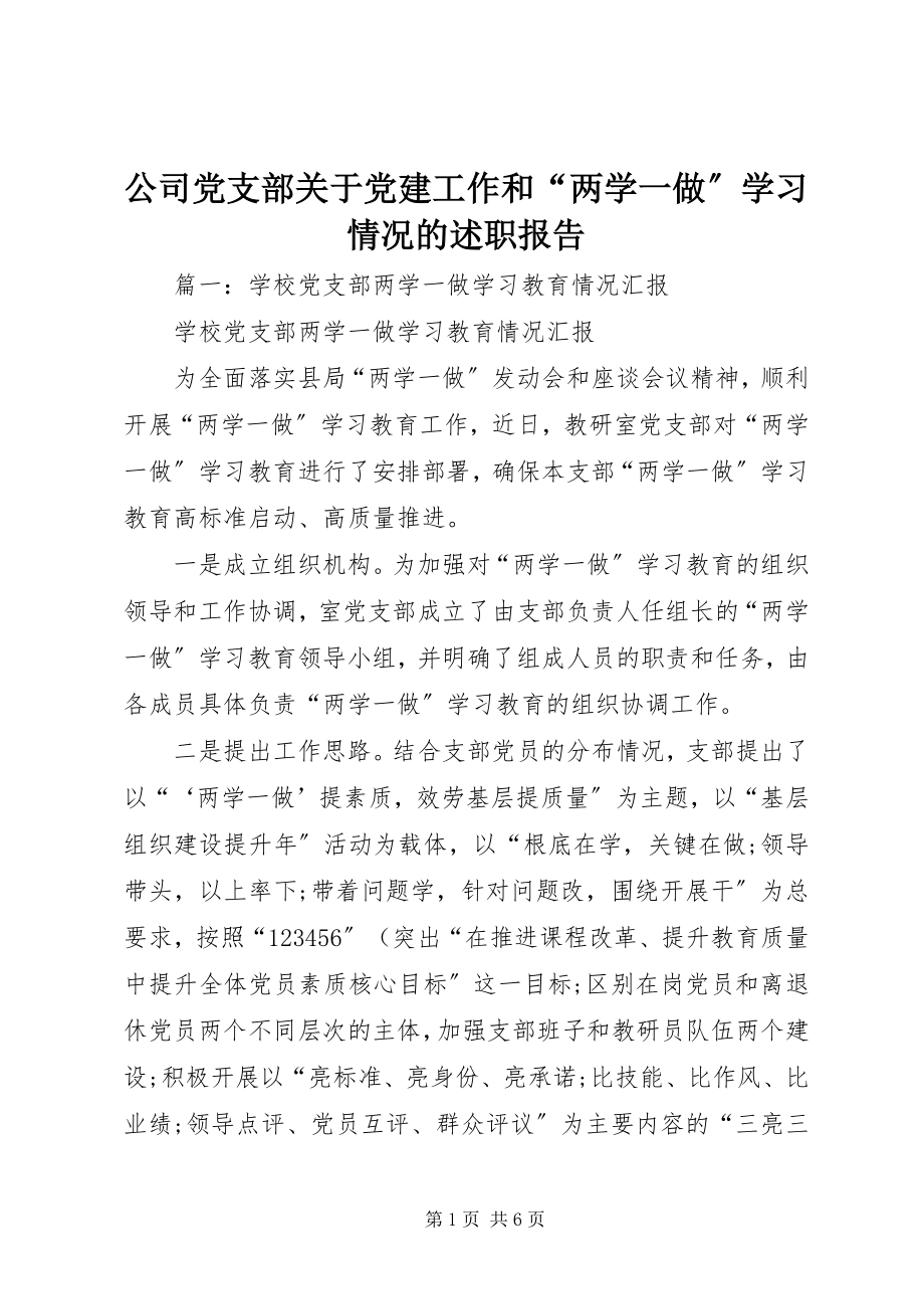 2023年公司党支部党建工作和“两学一做”学习情况的述职报告.docx_第1页