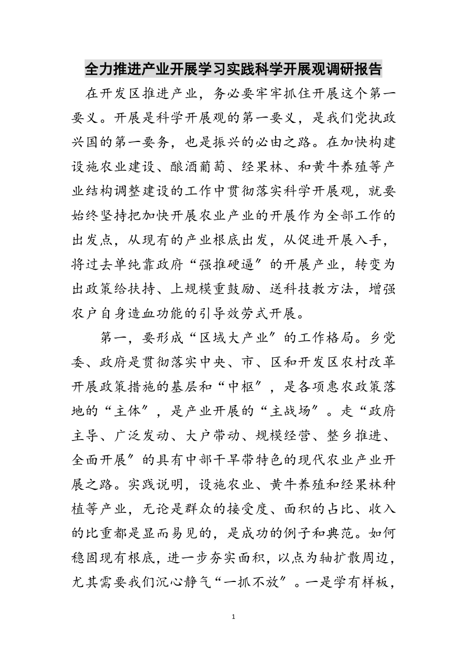 2023年全力推进产业发展学习实践科学发展观调研报告范文.doc_第1页