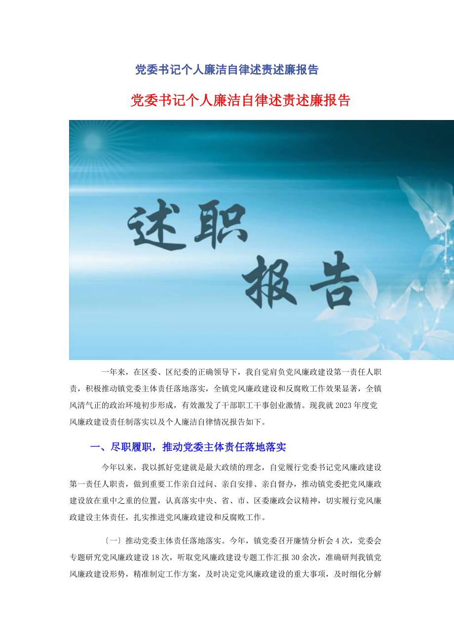 2023年党委书记个人廉洁自律述责述廉报告.docx_第1页