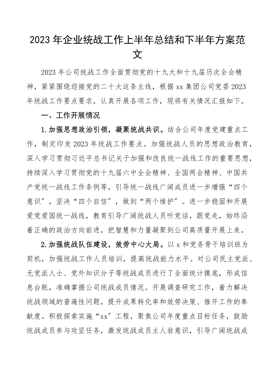 2023年企业统战工作上半年总结和下半年计划集团公司工作汇报报告.docx_第1页