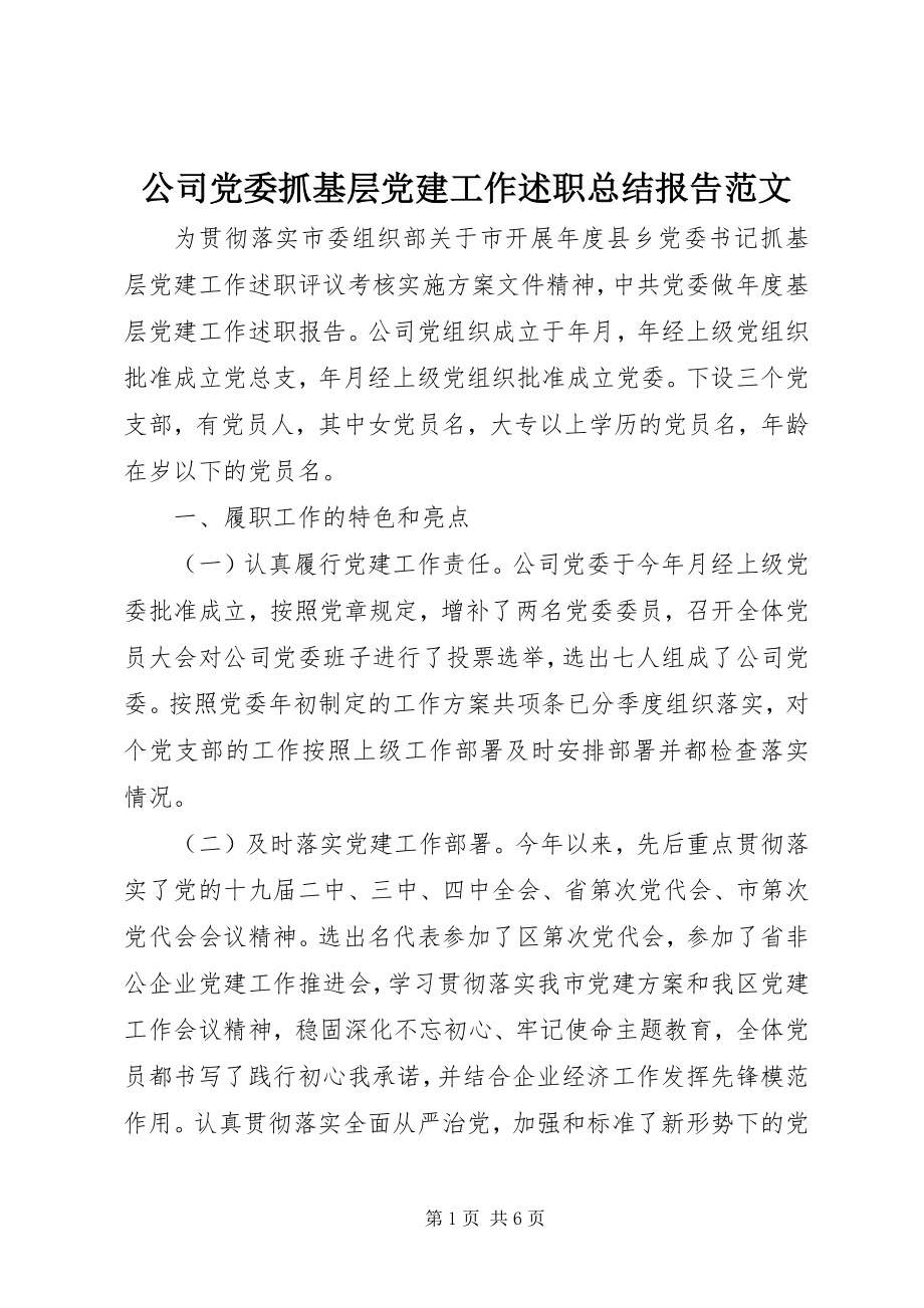 2023年公司党委抓基层党建工作述职总结报告.docx_第1页