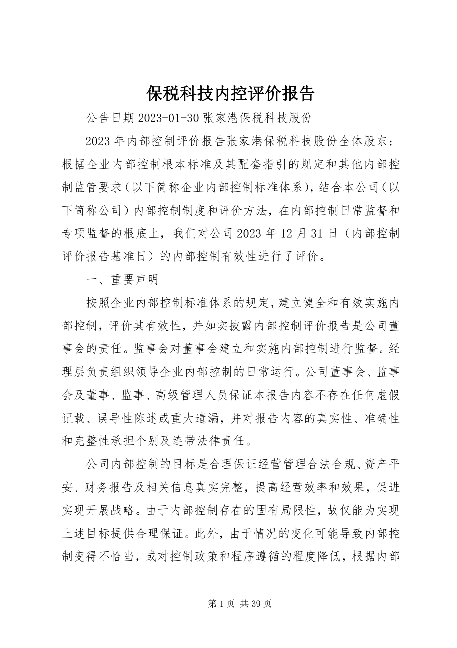 2023年保税科技内控评价报告新编.docx_第1页