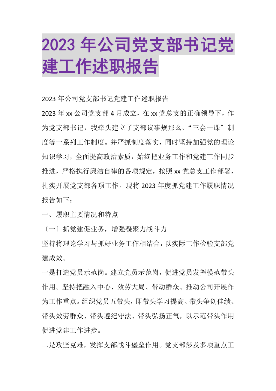 2023年公司党支部书记党建工作述职报告2.doc_第1页