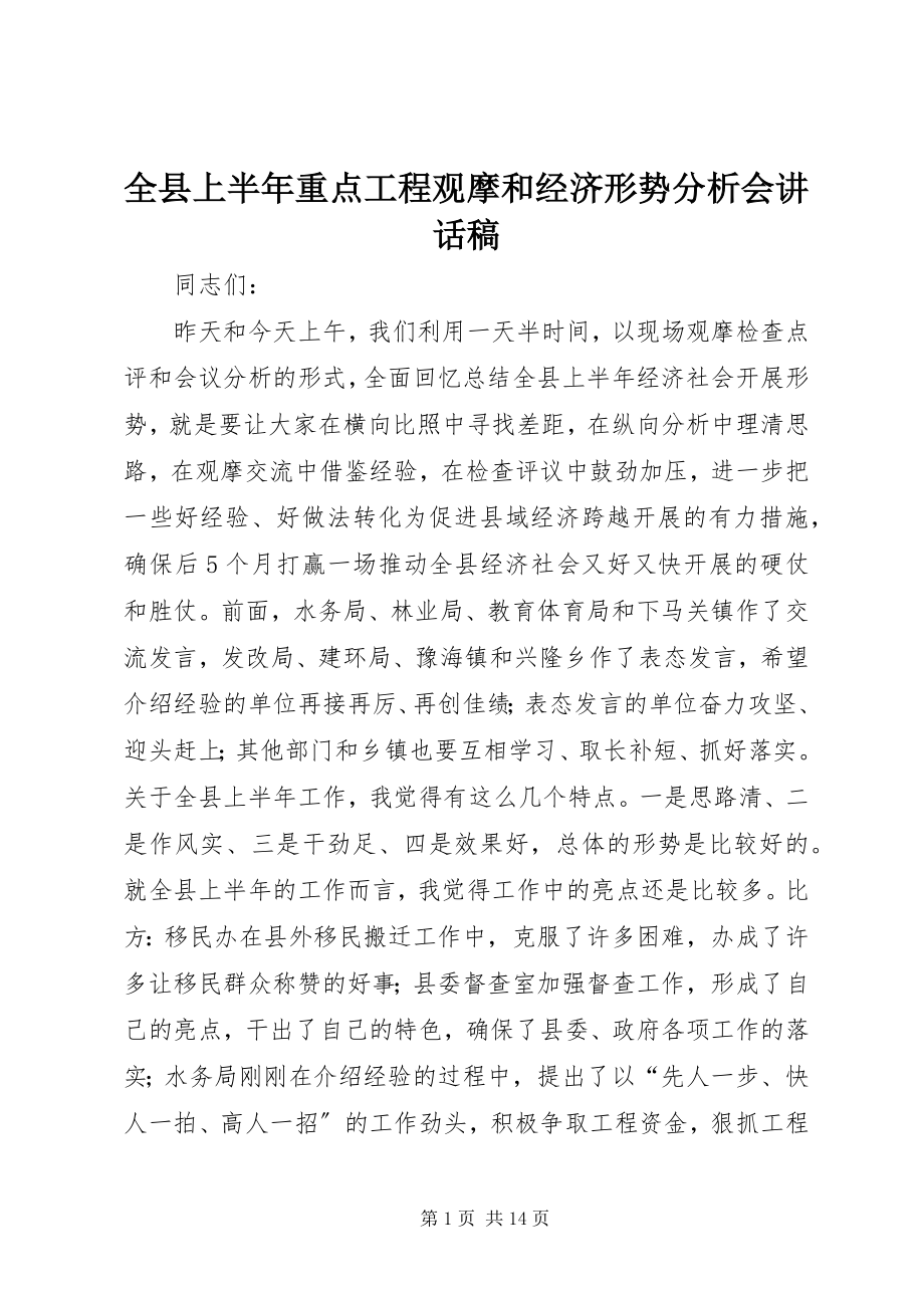 2023年全县上半年重点项目观摩和经济形势分析会致辞稿.docx_第1页