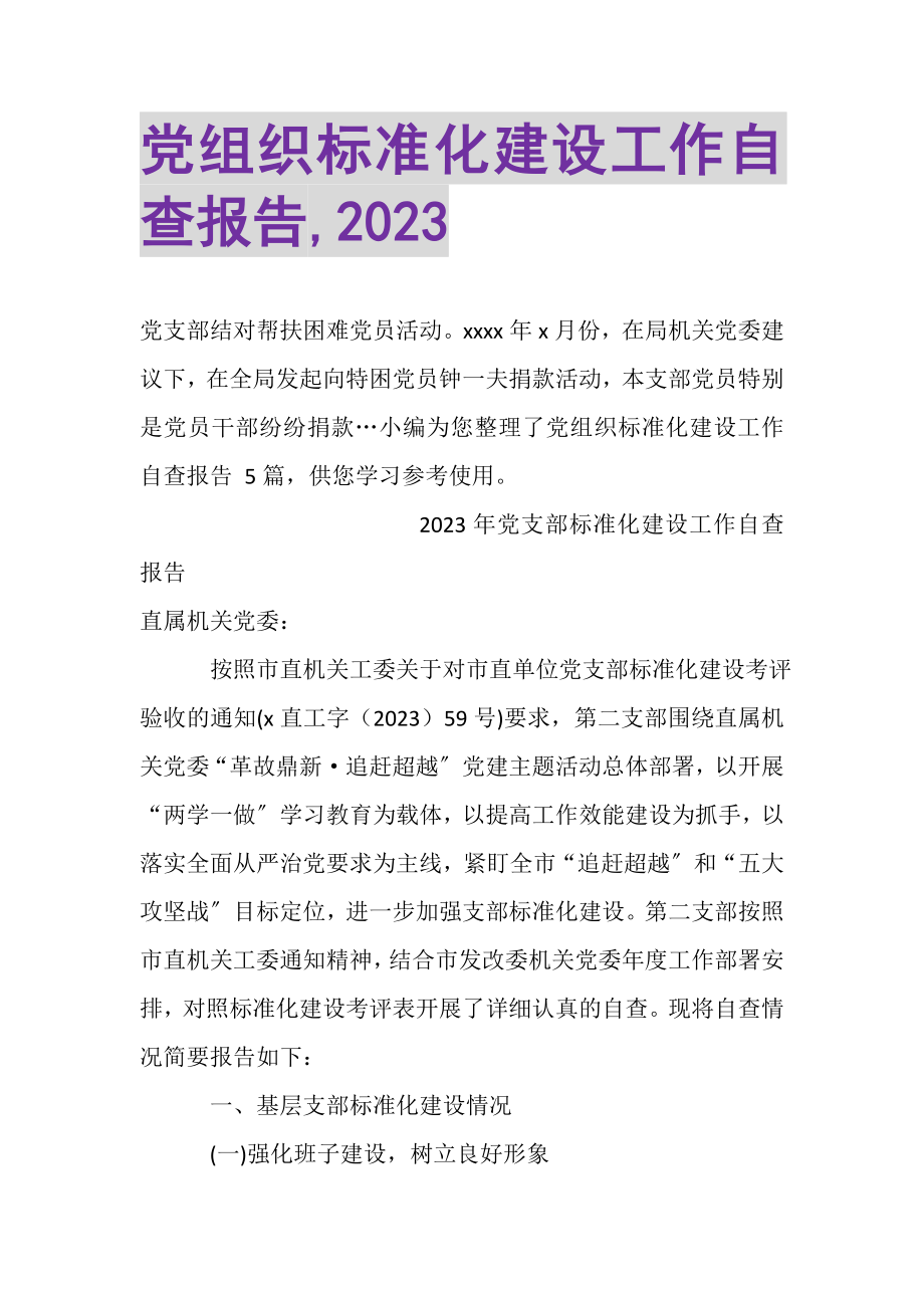 2023年党组织标准化建设工作自查报告,20XX.doc_第1页