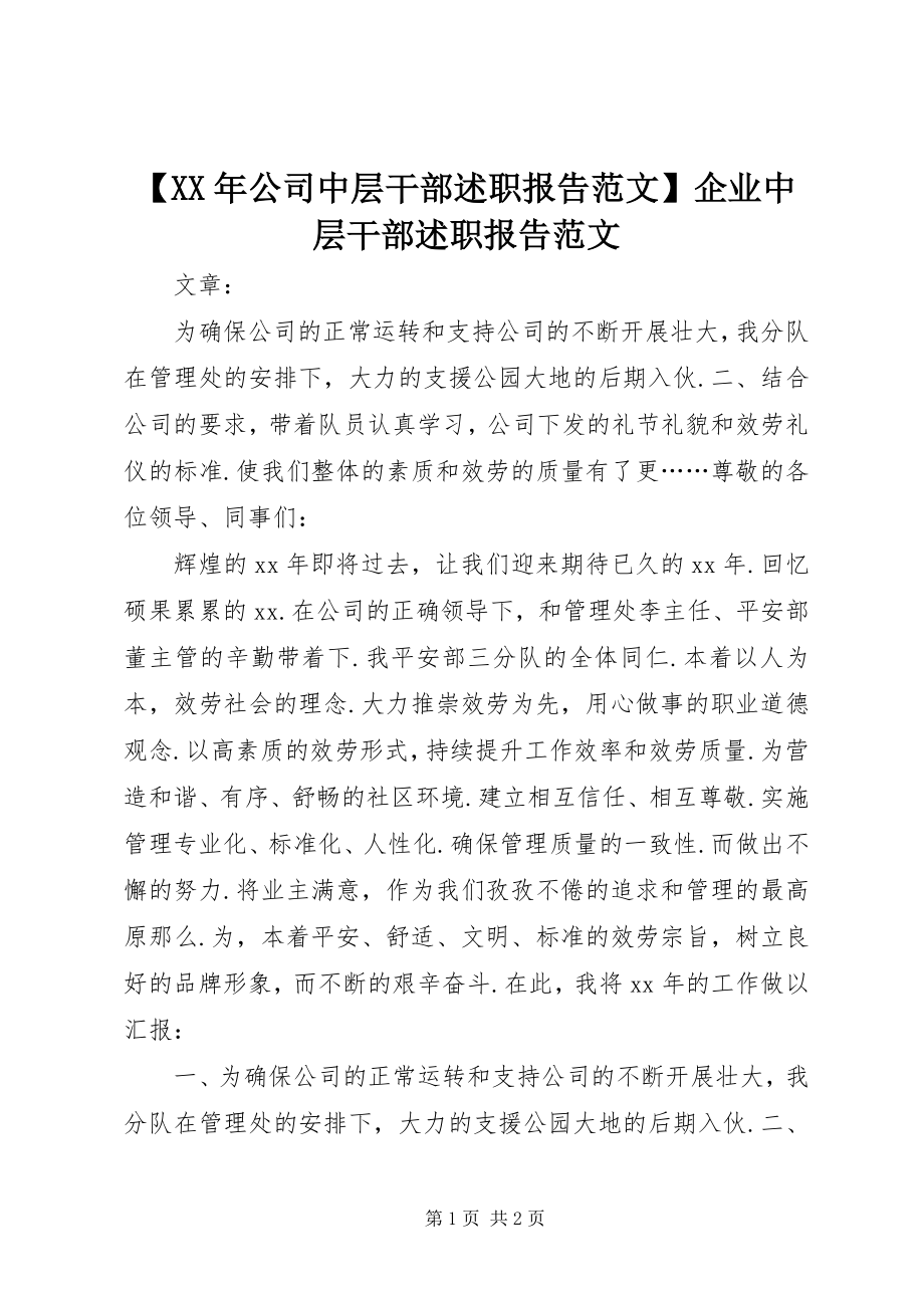 2023年公司中层干部述职报告企业中层干部述职报告新编.docx_第1页