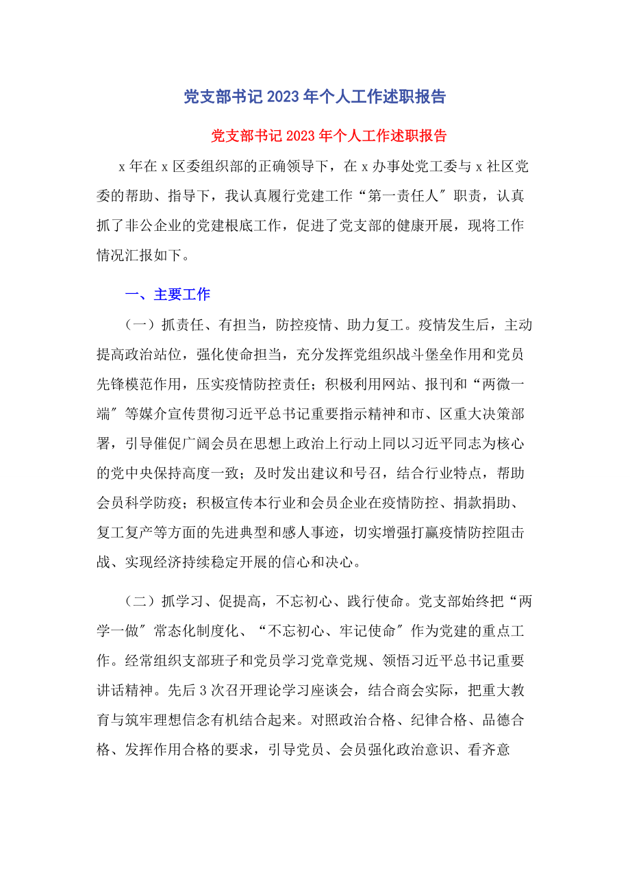 2023年党支部书记个人工作述职报告.docx_第1页