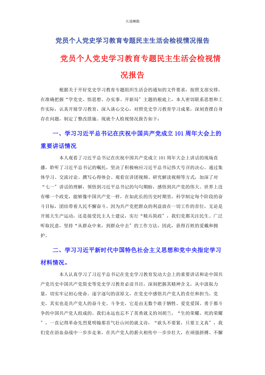 2023年党员个人党史学习教育专题民主生活会检视情况报告2.docx_第1页