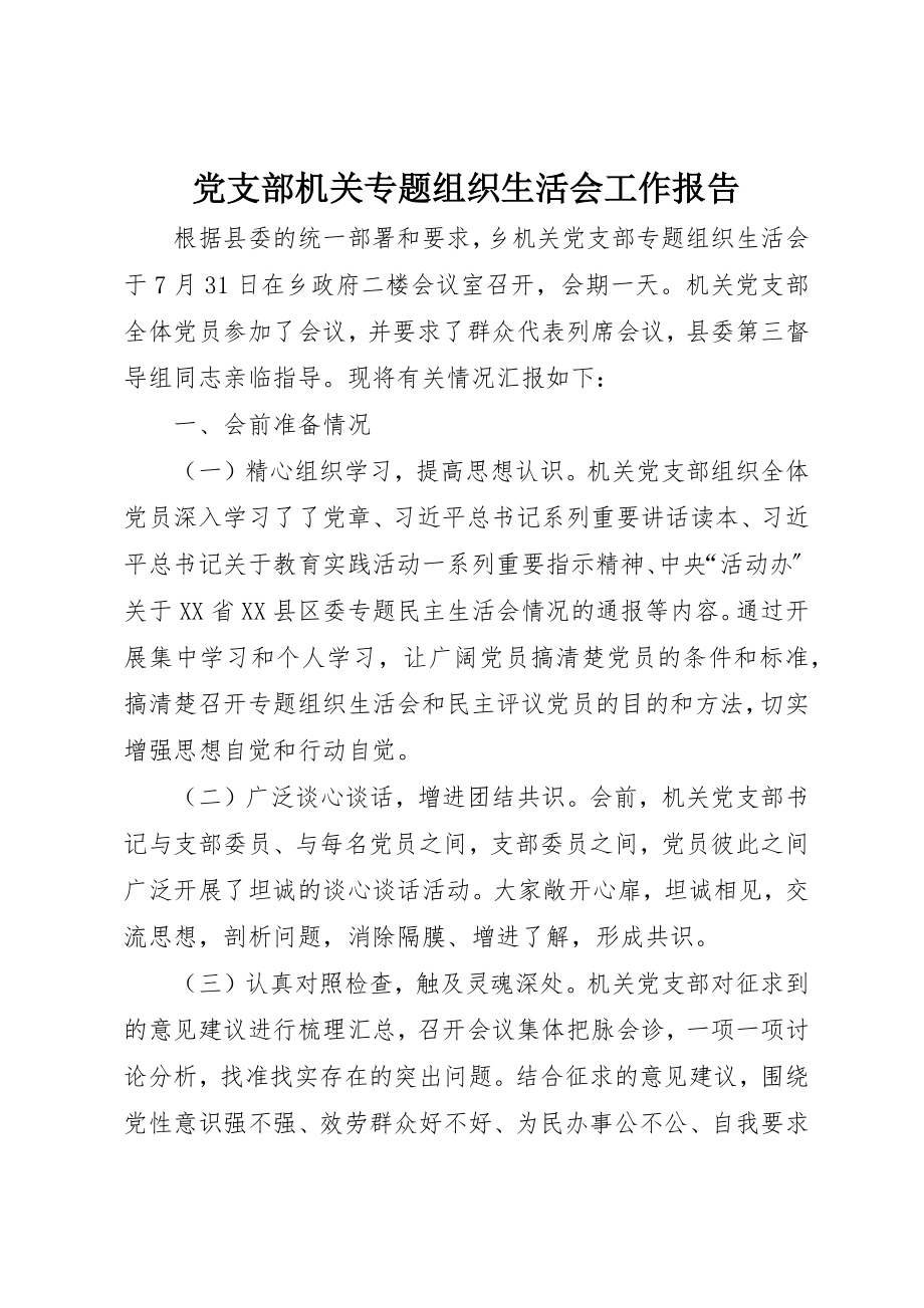 2023年党支部机关专题组织生活会工作报告.docx_第1页