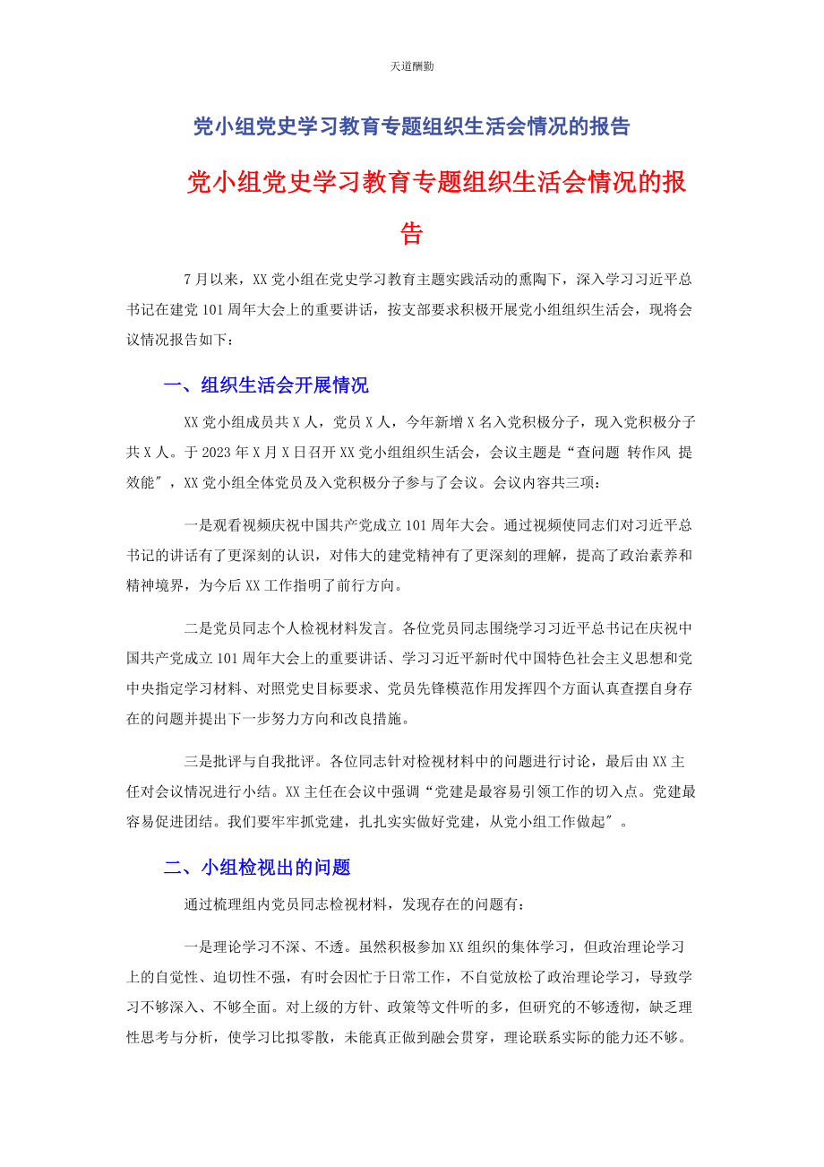 2023年党小组党史学习教育专题组织生活会情况的报告.docx_第1页