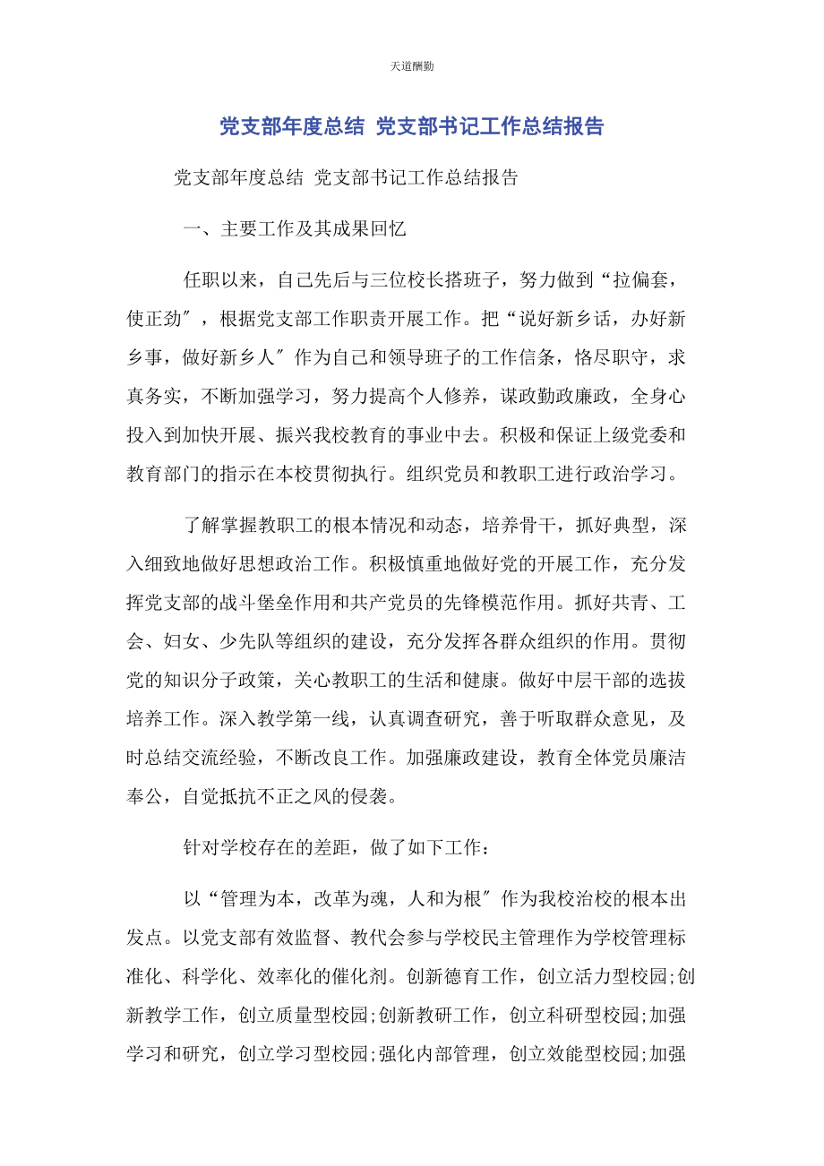 2023年党支部度总结 党支部书记工作总结报告.docx_第1页