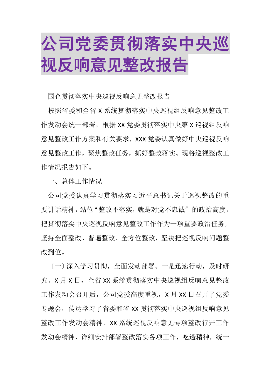 2023年公司党委贯彻落实中央巡视反馈意见整改报告.doc_第1页