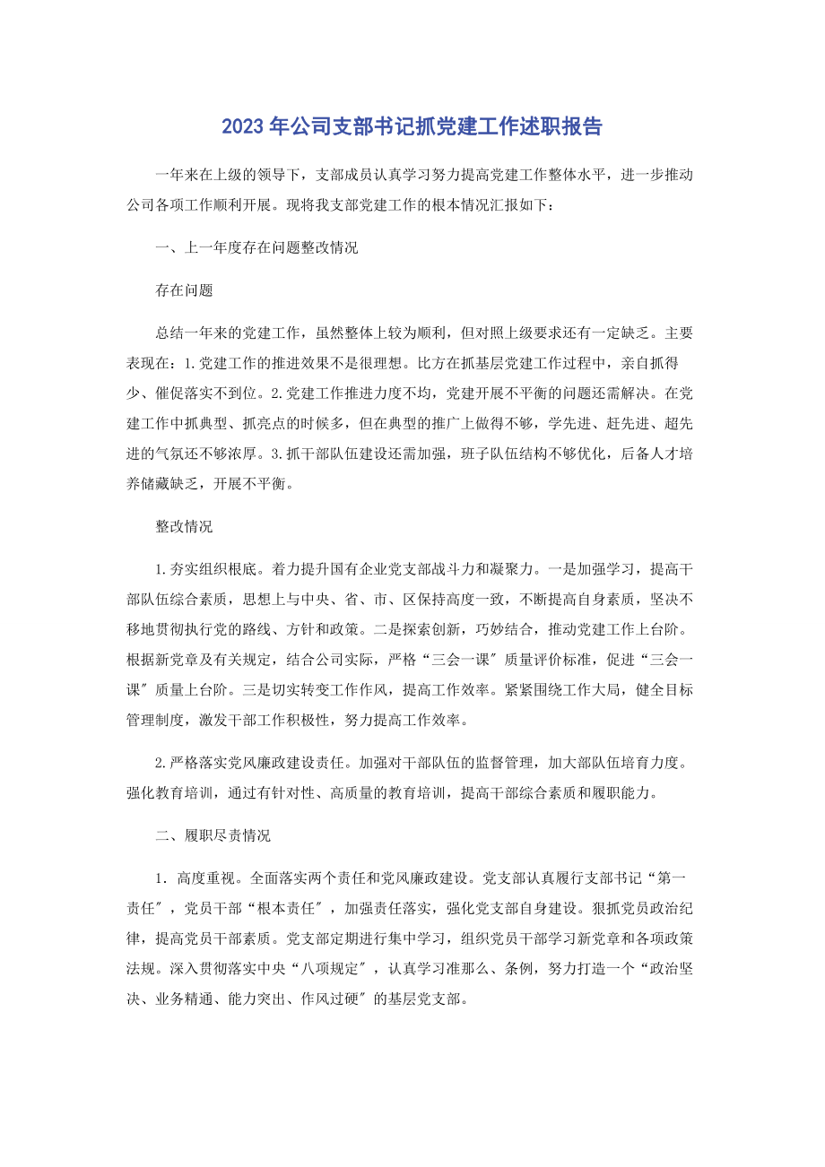 2023年公司支部书记抓党建工作述职报告.docx_第1页