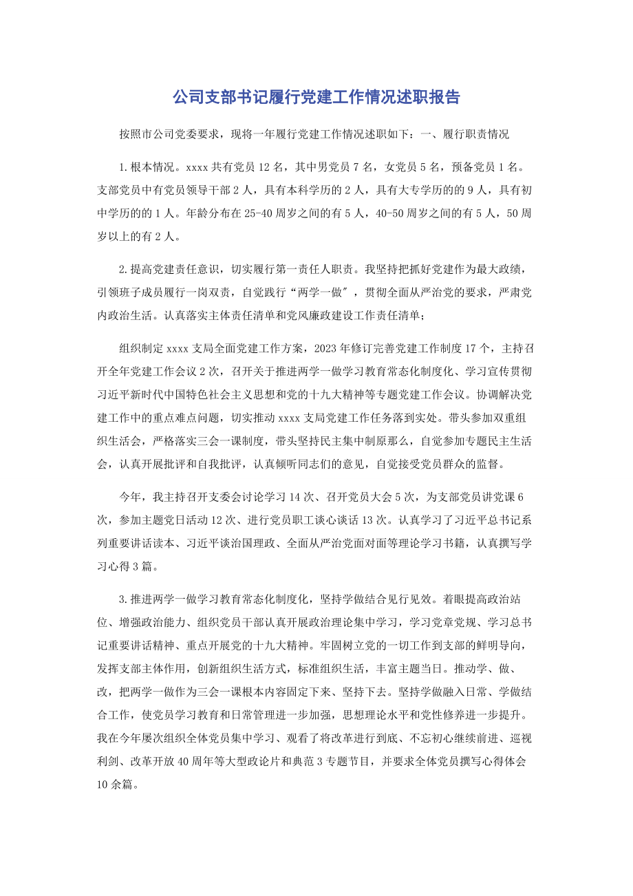 2023年公司支部书记履行党建工作情况述职报告.docx_第1页