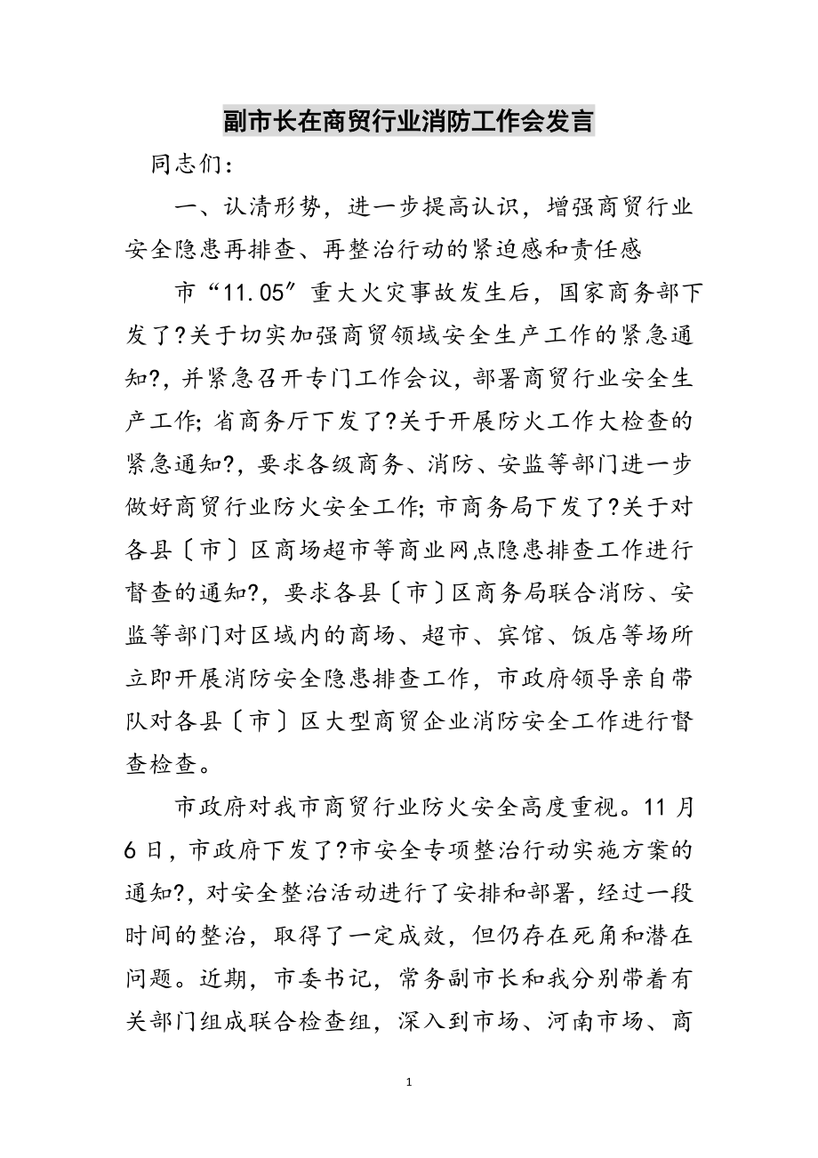 2023年副市长在商贸行业消防工作会发言范文.doc_第1页