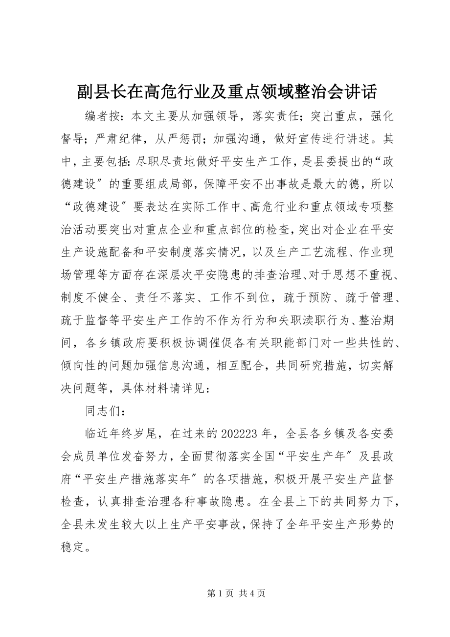 2023年副县长在高危行业及重点领域整治会致辞.docx_第1页