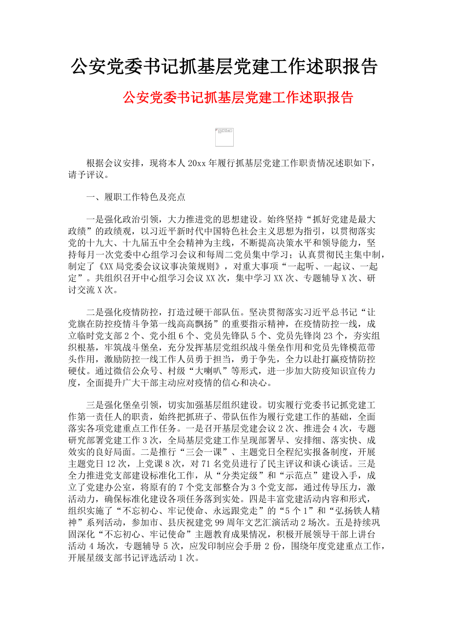 2023年公安党委书记抓基层党建工作述职报告.doc_第1页