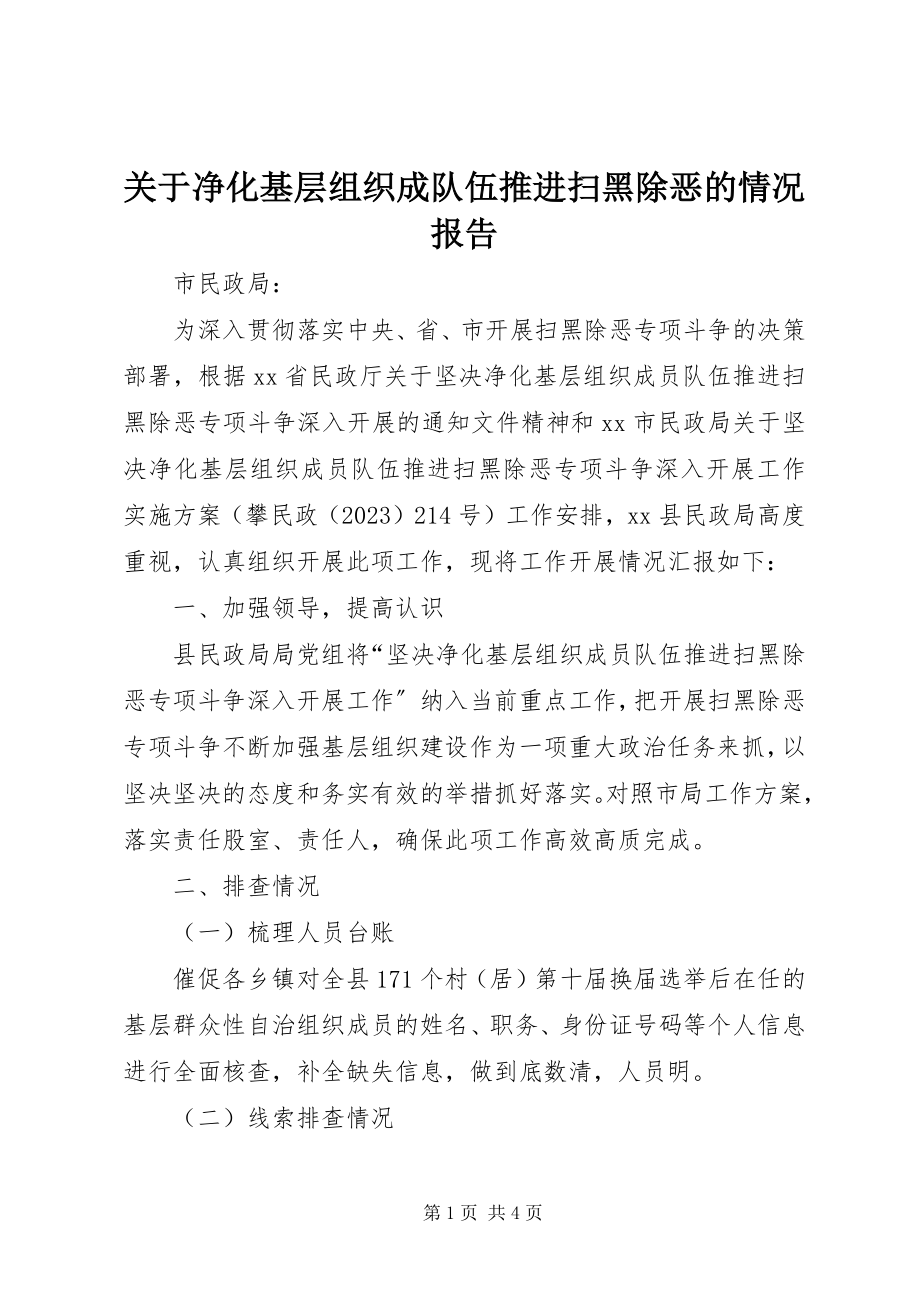 2023年净化基层组织成队伍推进扫黑除恶的情况报告.docx_第1页