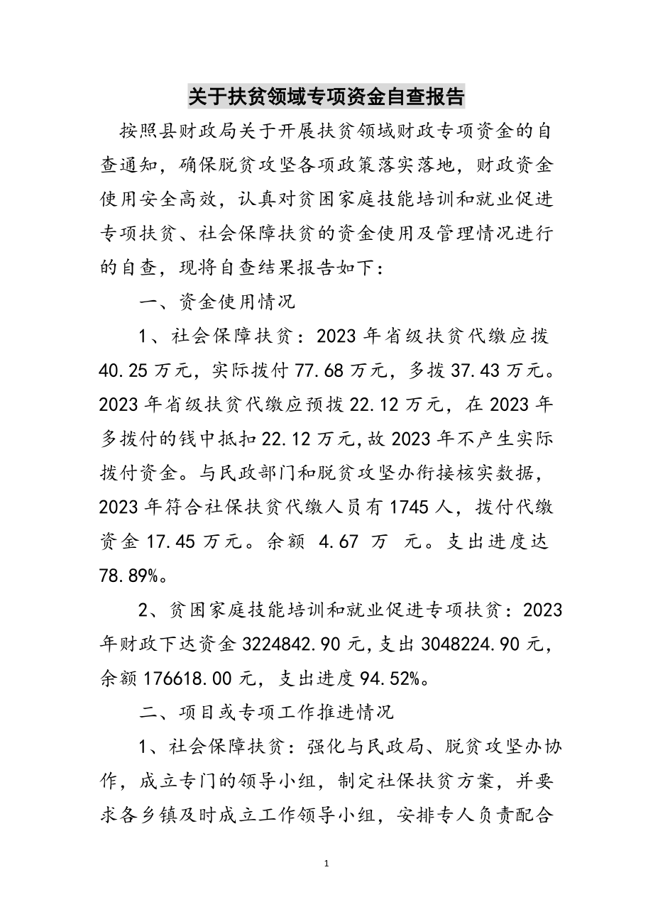 2023年关于扶贫领域专项资金自查报告范文.doc_第1页