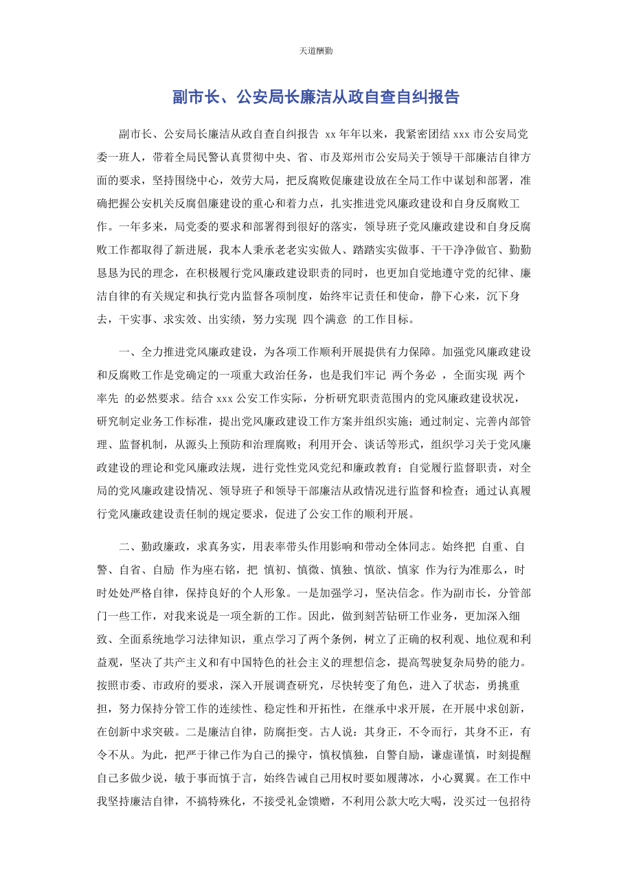 2023年副市长公安局长廉洁从政自查自纠报告范文.docx_第1页