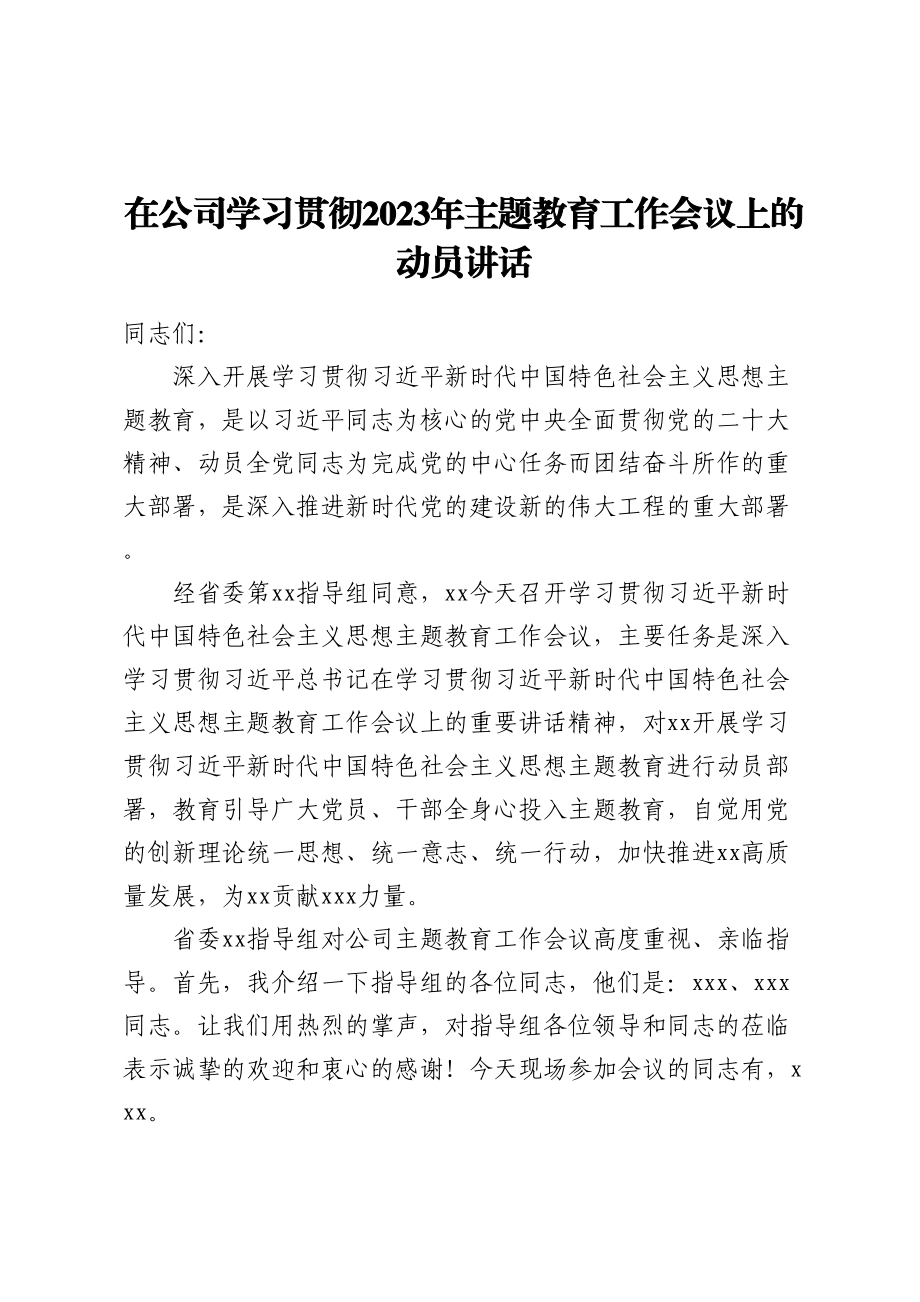 在公司学习贯彻2023年主题教育工作会议上的动员讲话 .docx_第1页