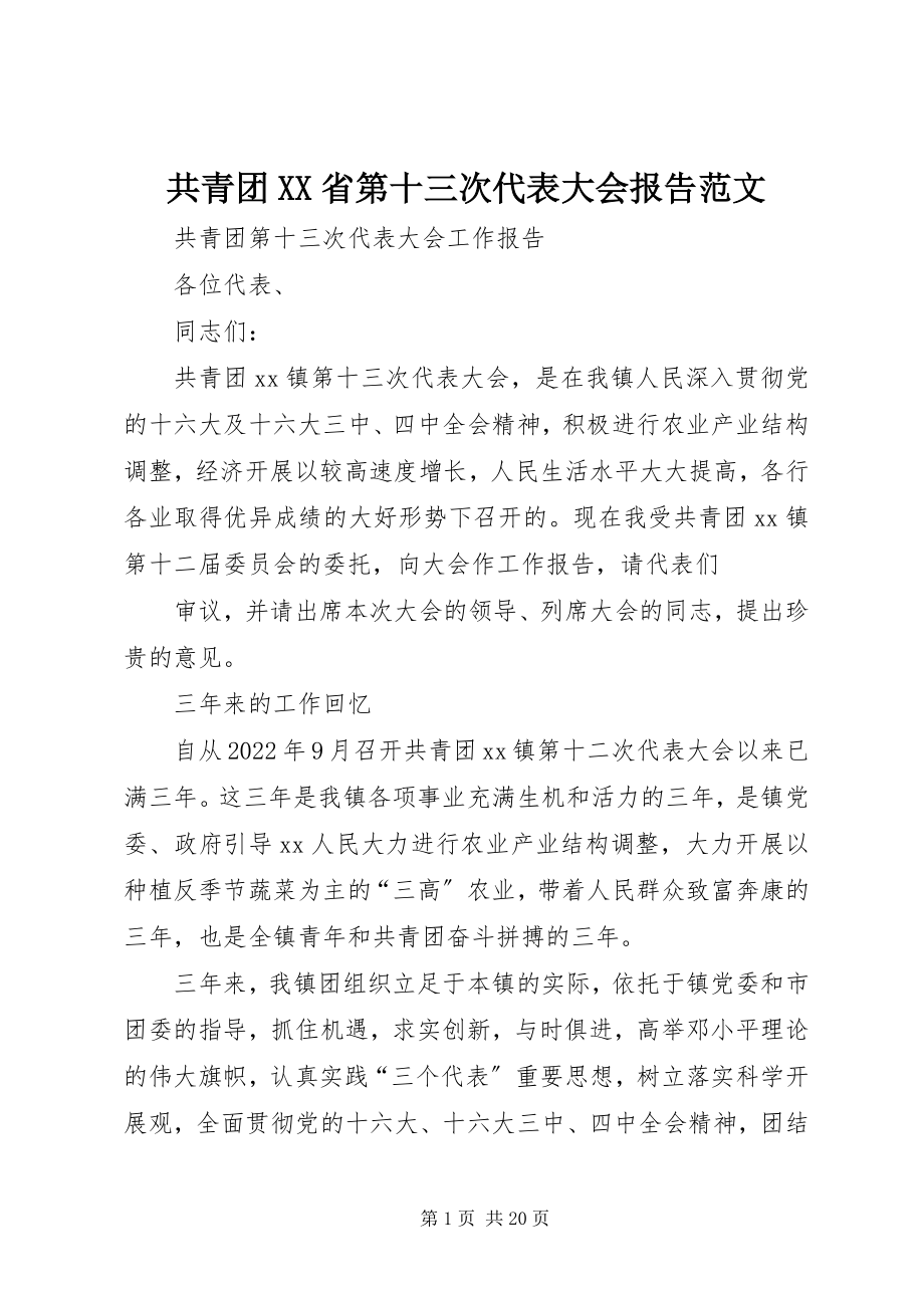 2023年共青团XX省第十三次代表大会报告.docx_第1页