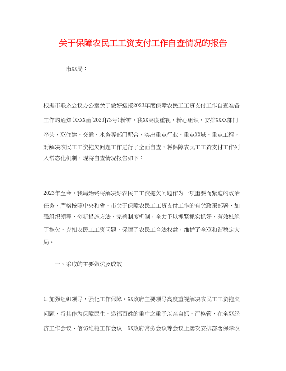 2023年关于保障农民工工资支付工作自查情况的报告.docx_第1页