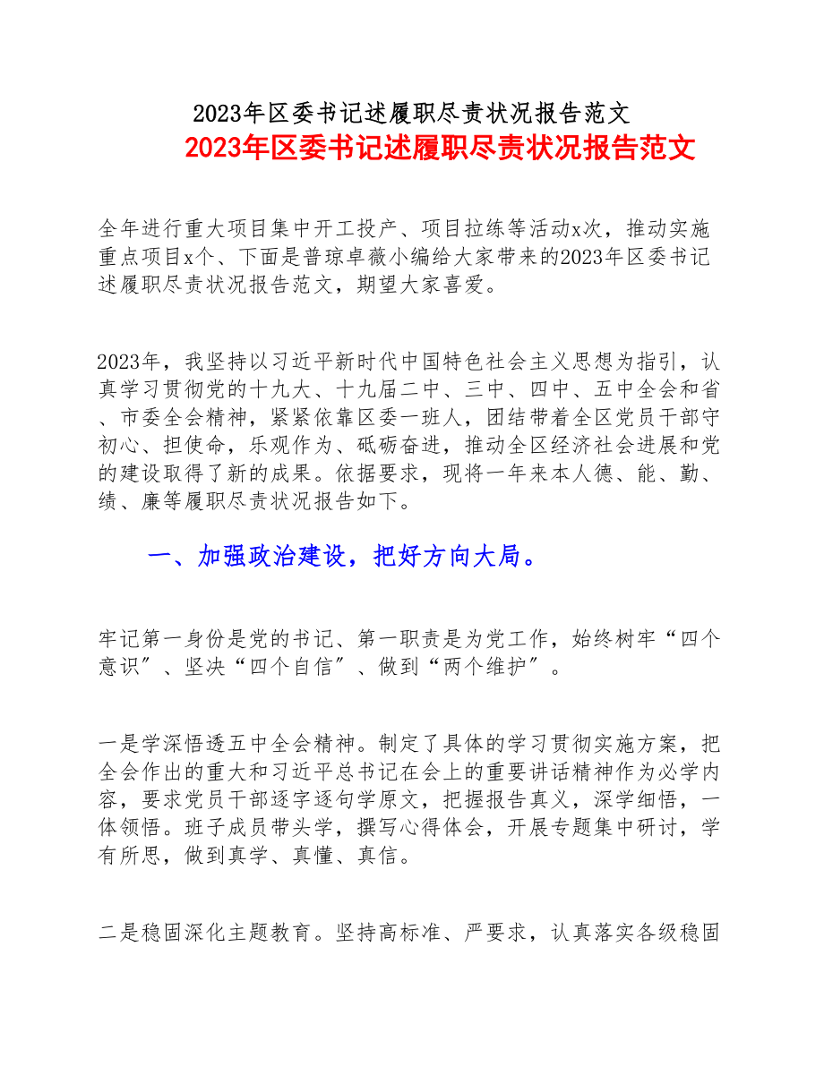 2023年区委书记述履职尽责情况报告.docx_第1页