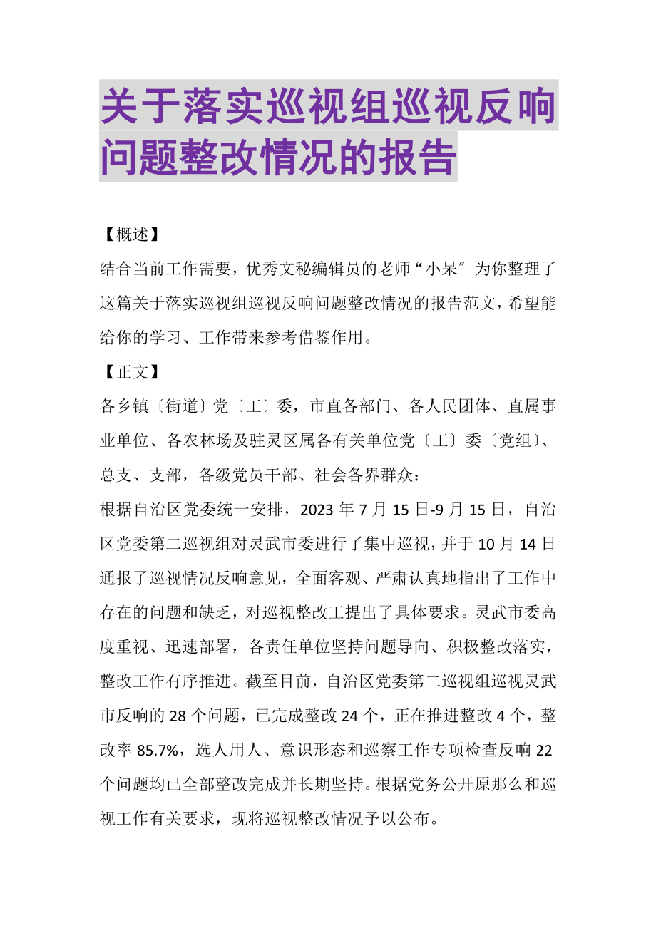 2023年关于落实巡视组巡视反馈问题整改情况的报告.doc_第1页