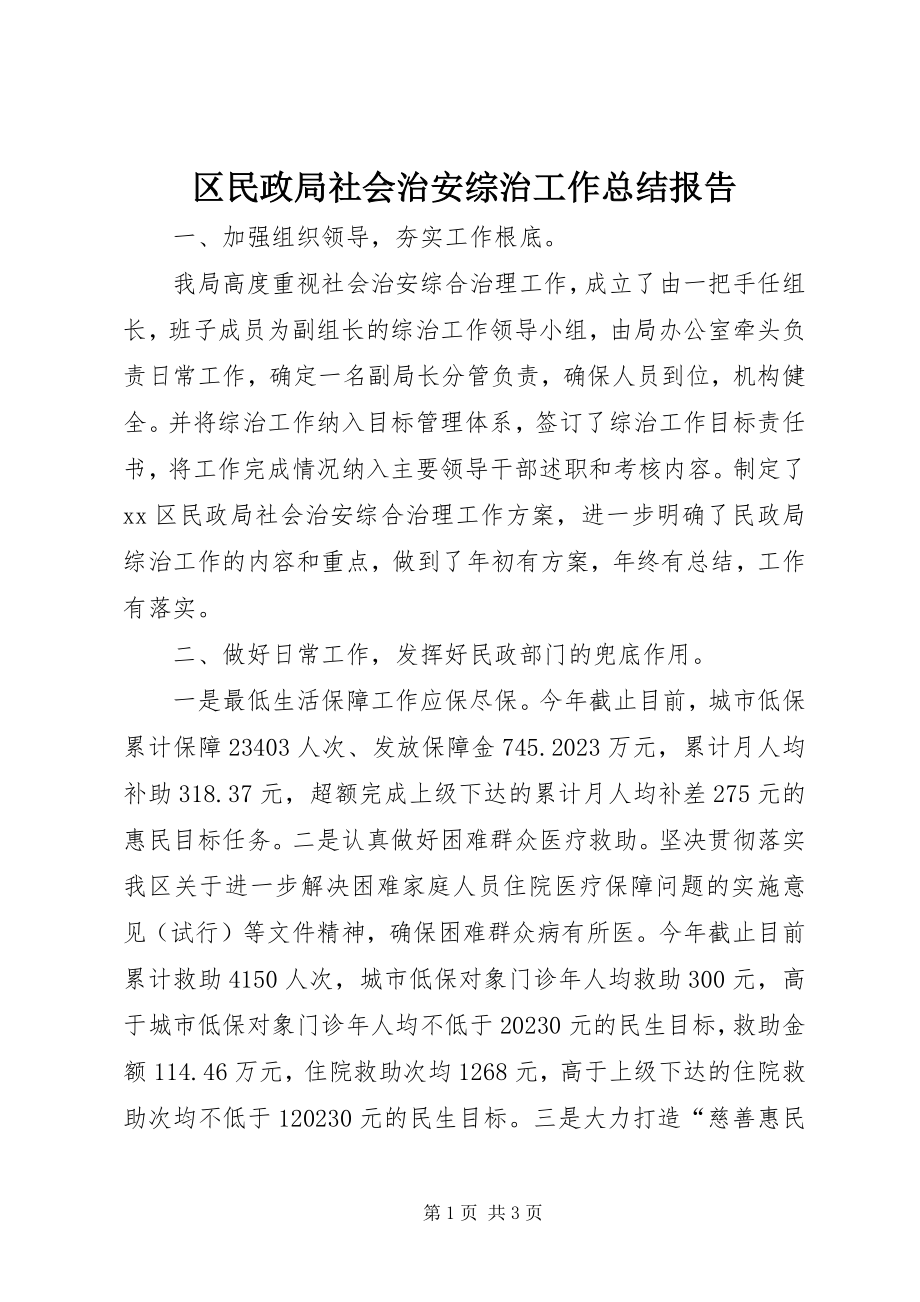 2023年区民政局社会治安综治工作总结报告.docx_第1页