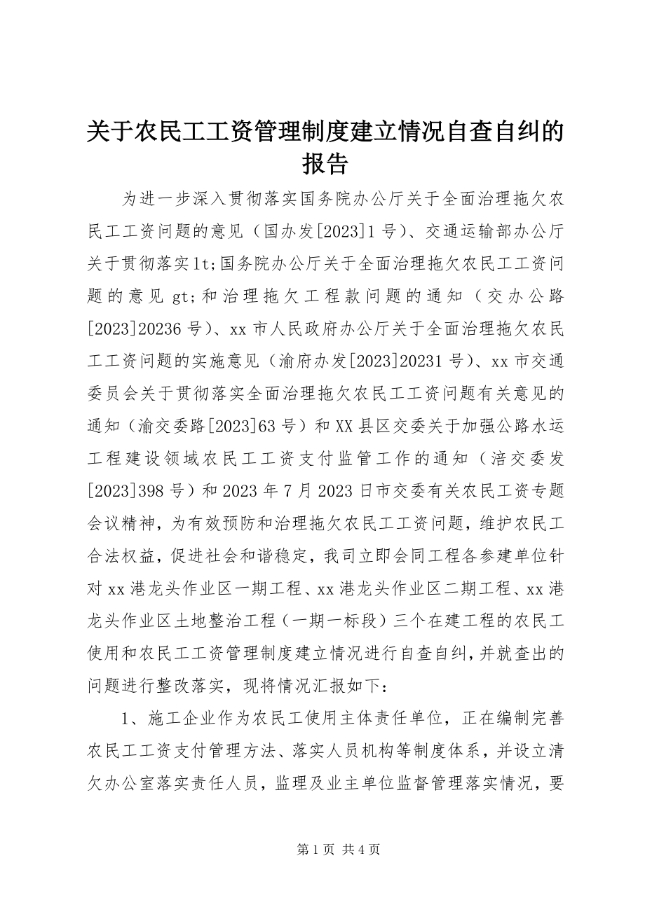 2023年农民工工资管理制度建立情况自查自纠的报告.docx_第1页