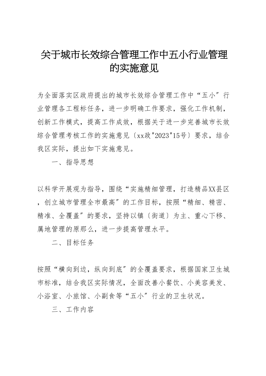 2023年关于城市长效综合管理工作中五小行业管理的实施意见.doc_第1页