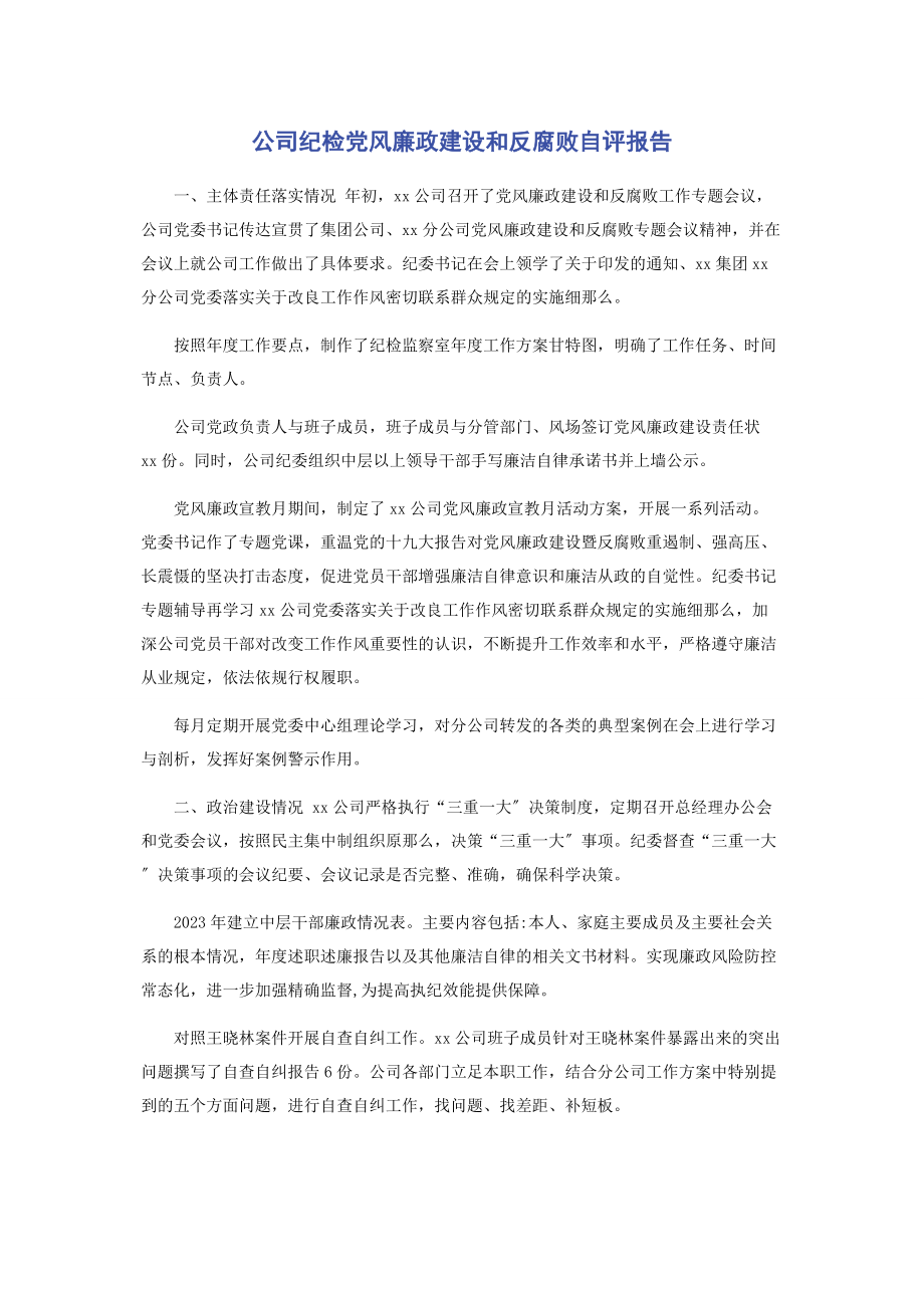 2023年公司纪检党风廉政建设和反腐败自评报告.docx_第1页