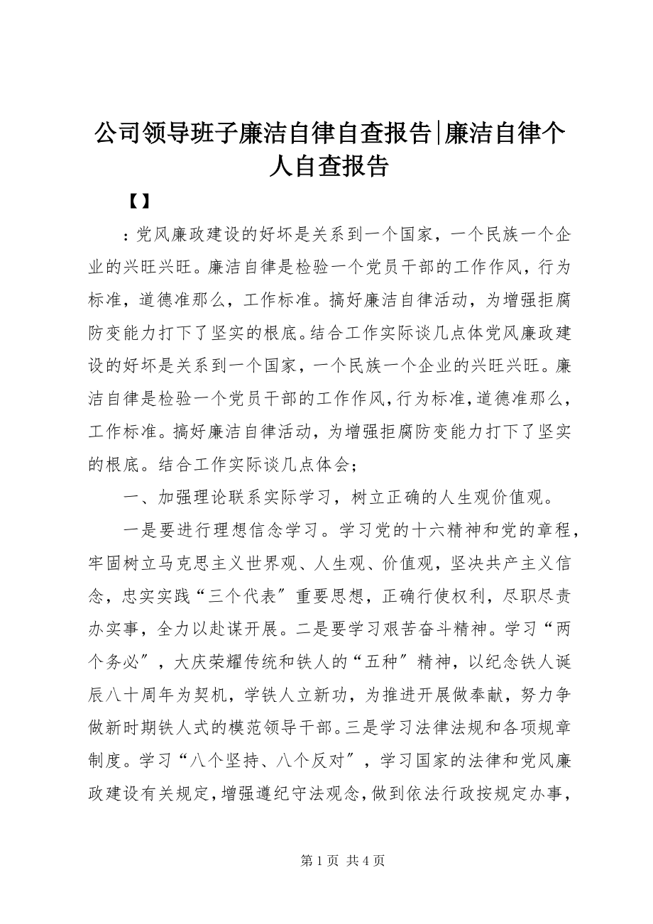 2023年公司领导班子廉洁自律自查报告廉洁自律个人自查报告.docx_第1页