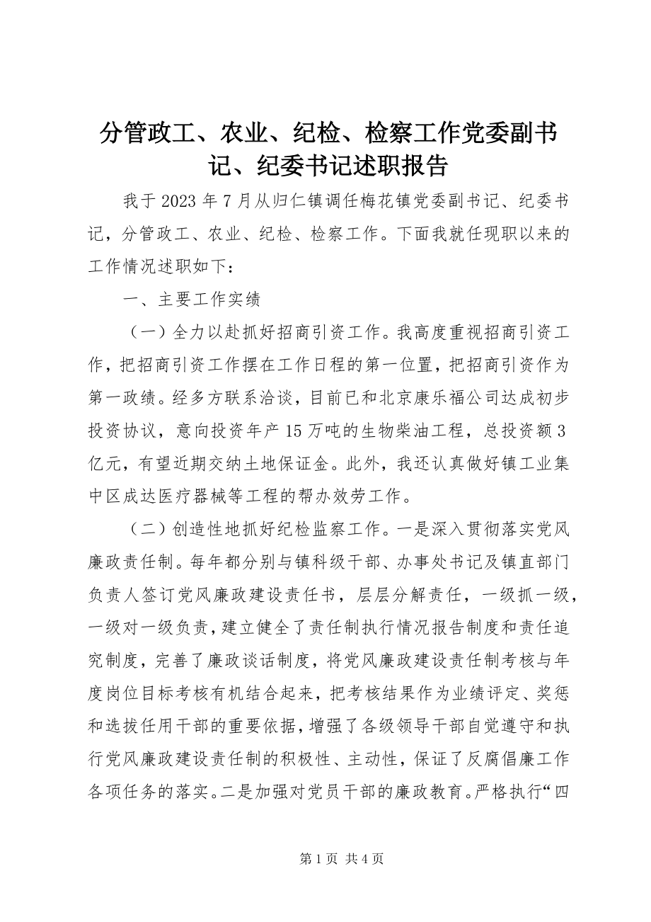 2023年分管政工、农业、纪检、检察工作党委副书记、纪委书记述职报告.docx_第1页