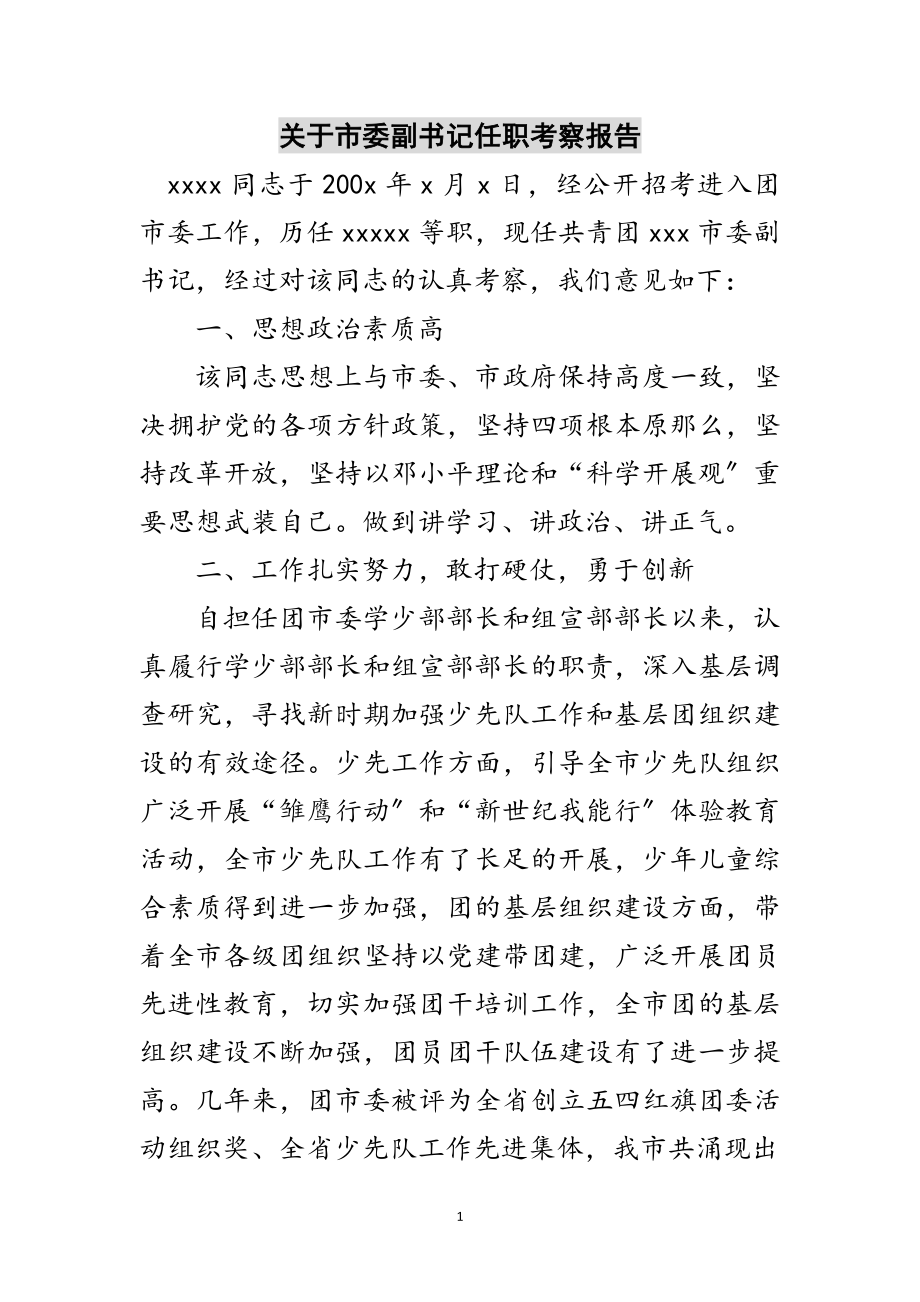 2023年关于市委副书记任职考察报告范文.doc_第1页