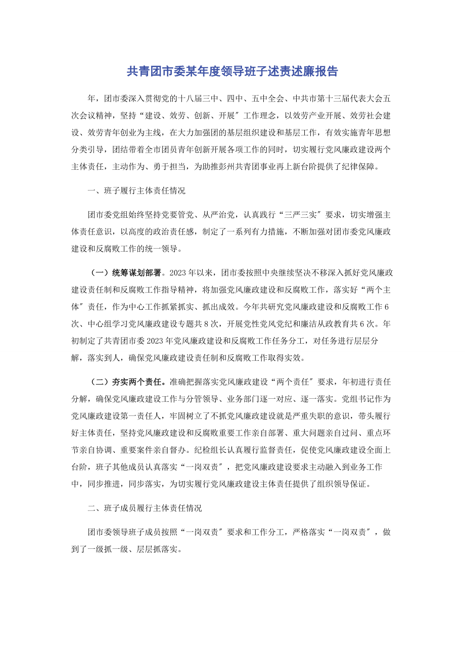 2023年共青团市委x年度领导班子述责述廉报告.docx_第1页