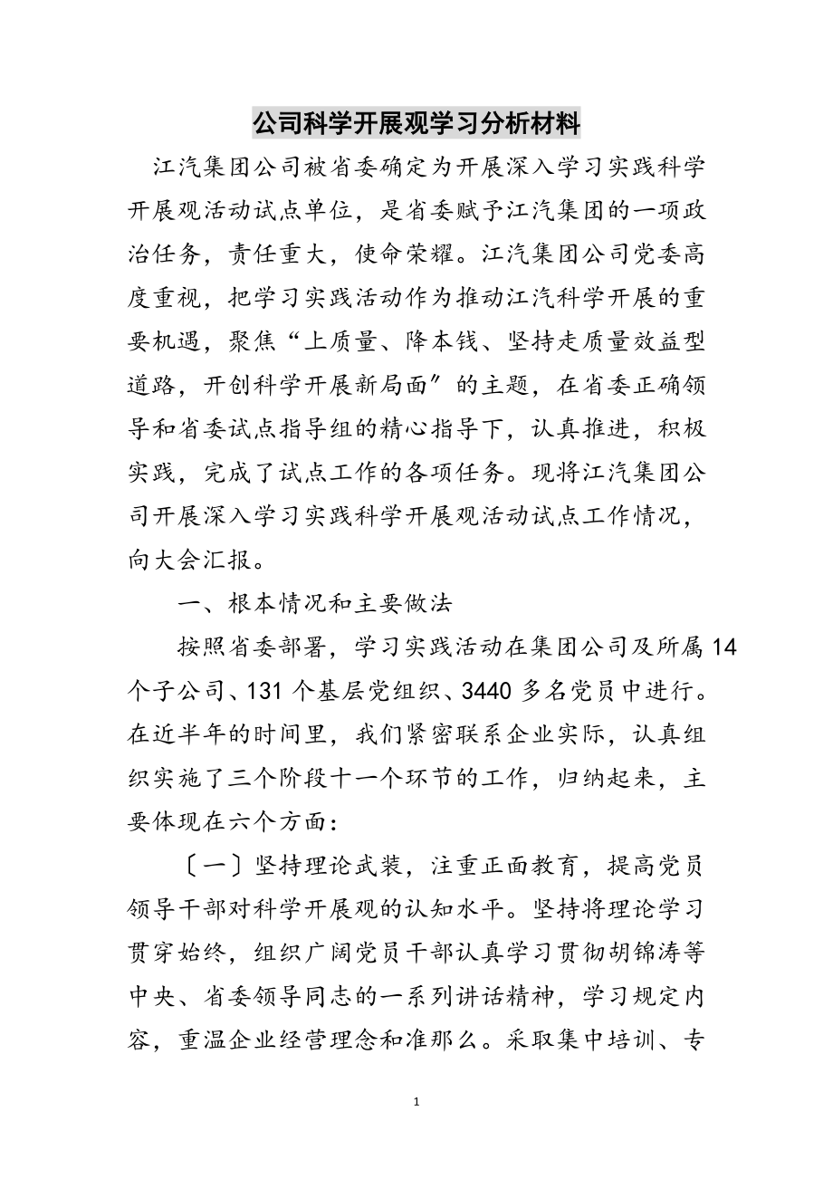 2023年公司科学发展观学习分析材料范文.doc_第1页