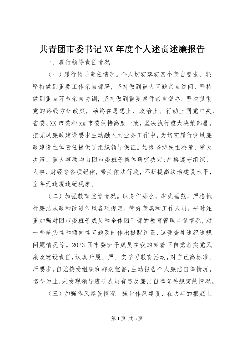 2023年共青团市委书记某年度个人述责述廉报告.docx_第1页