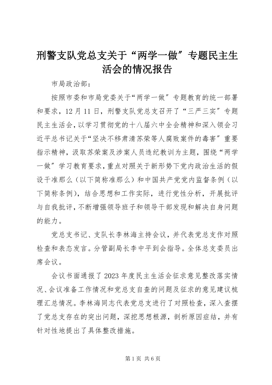 2023年刑警支队党总支关于“两学一做”专题民主生活会的情况报告.docx_第1页