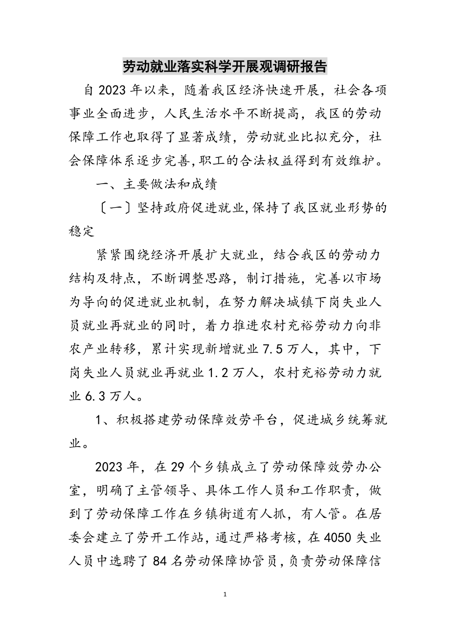 2023年劳动就业落实科学发展观调研报告范文.doc_第1页