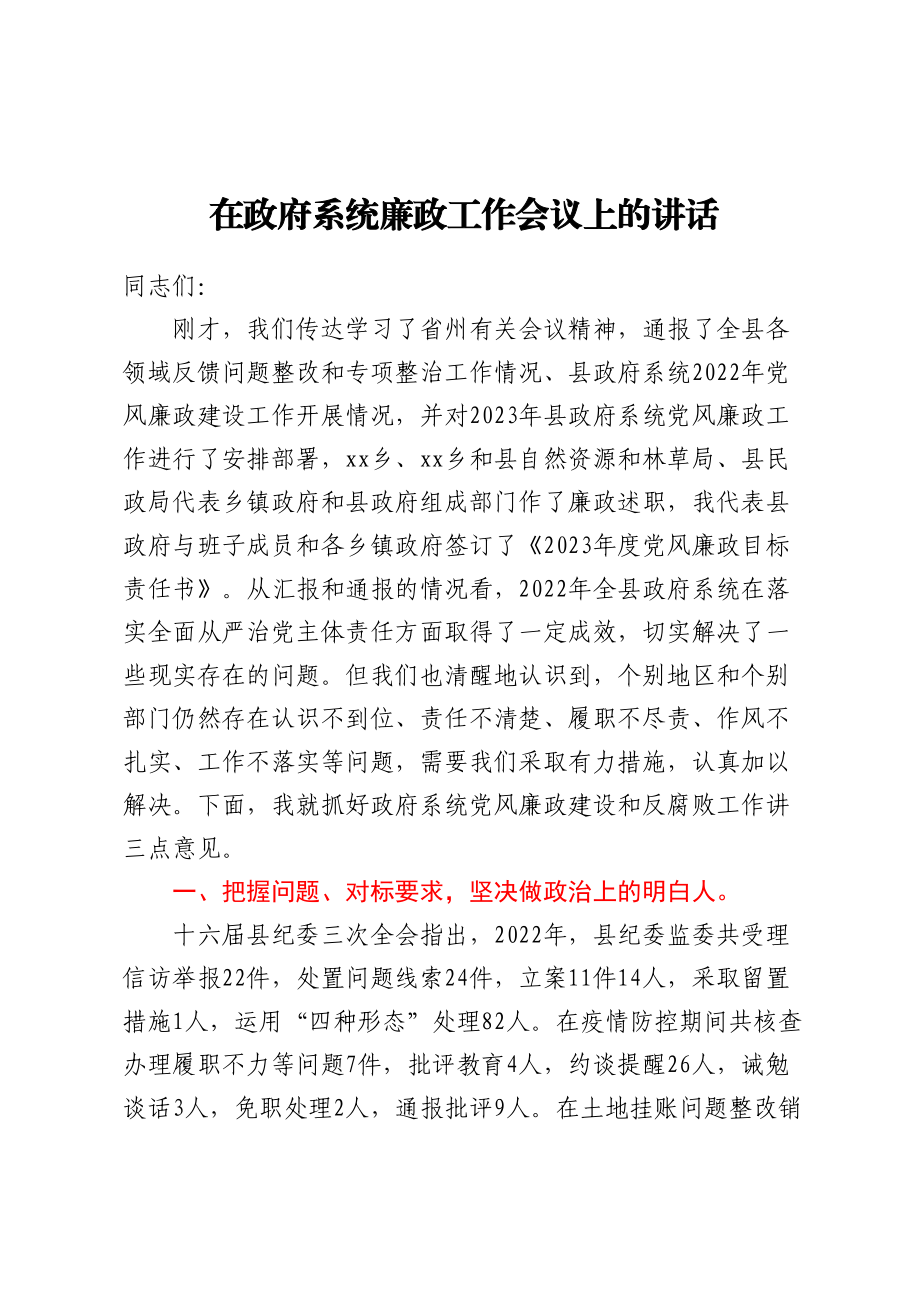 在政府系统廉政工作会议上的讲话.docx_第1页