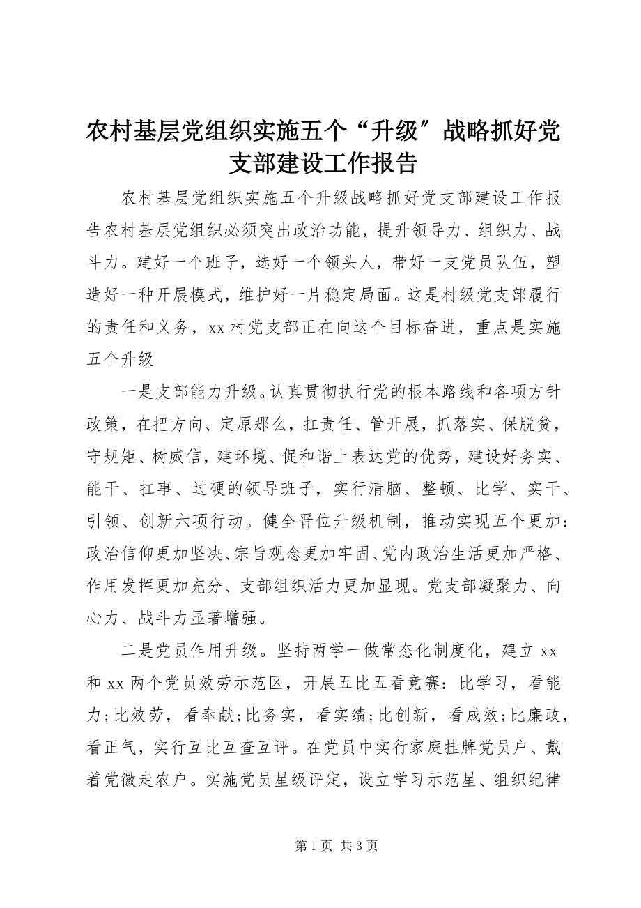 2023年农村基层党组织实施五个“升级”战略抓好党支部建设工作报告.docx_第1页