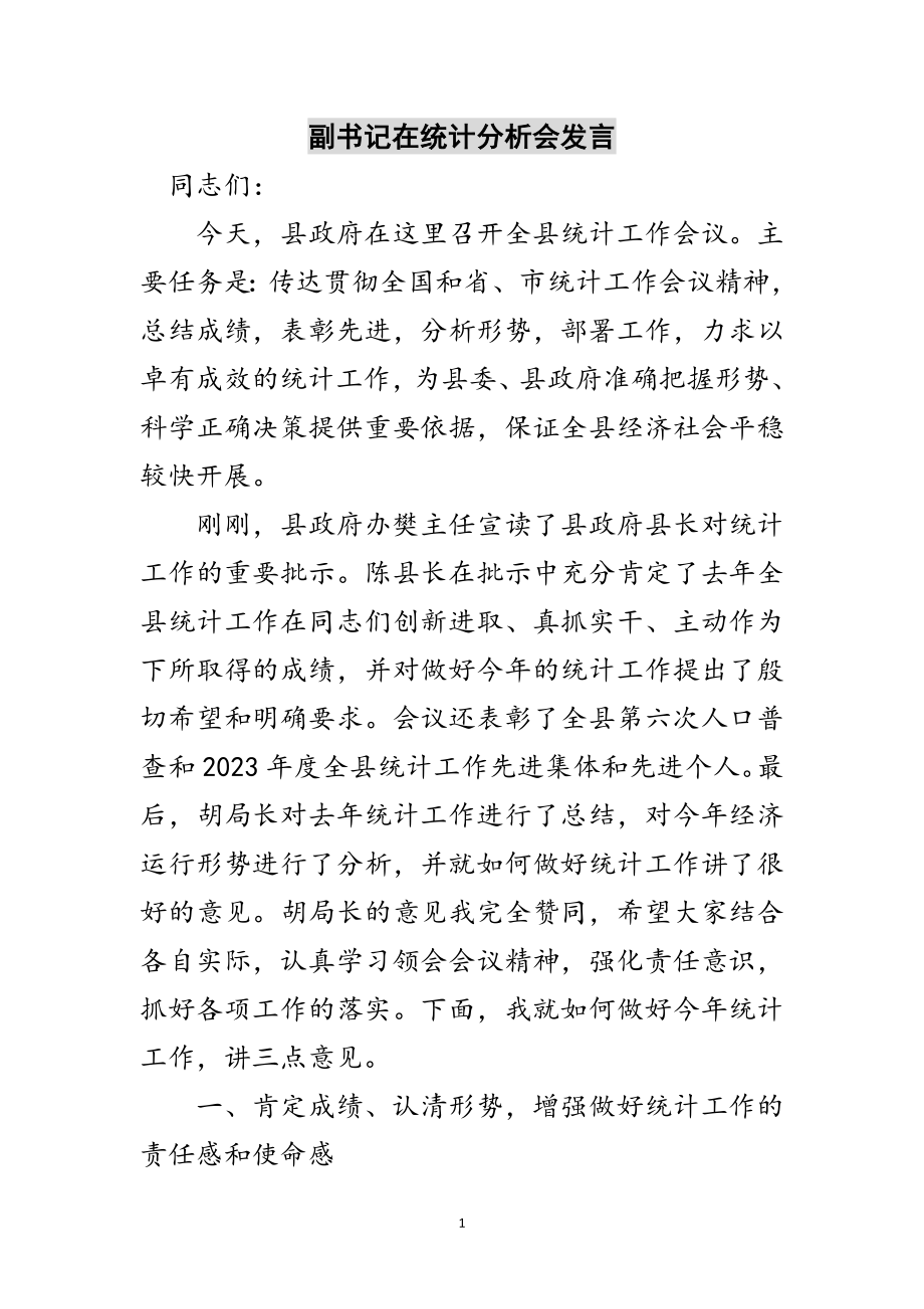 2023年副书记在统计分析会发言范文.doc_第1页