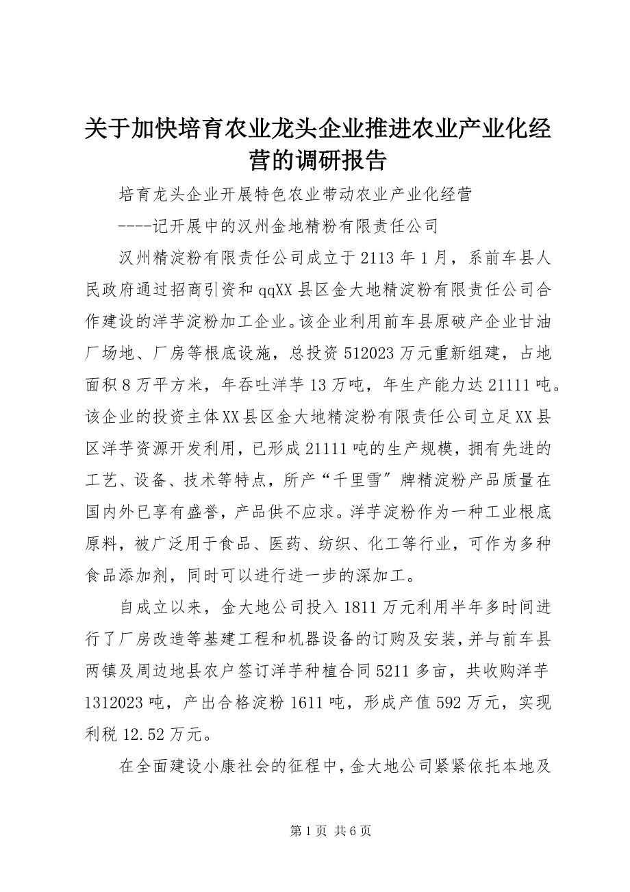 2023年加快培育农业龙头企业推进农业产业化经营的调研报告.docx_第1页