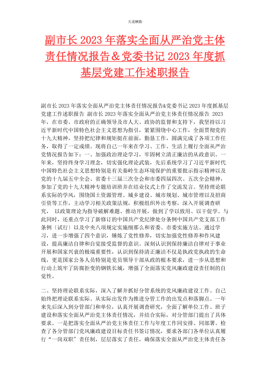 2023年副市长落实全面从严治党主体责任情况报告＆党委书记度抓基层党建工作述职报告范文.docx_第1页