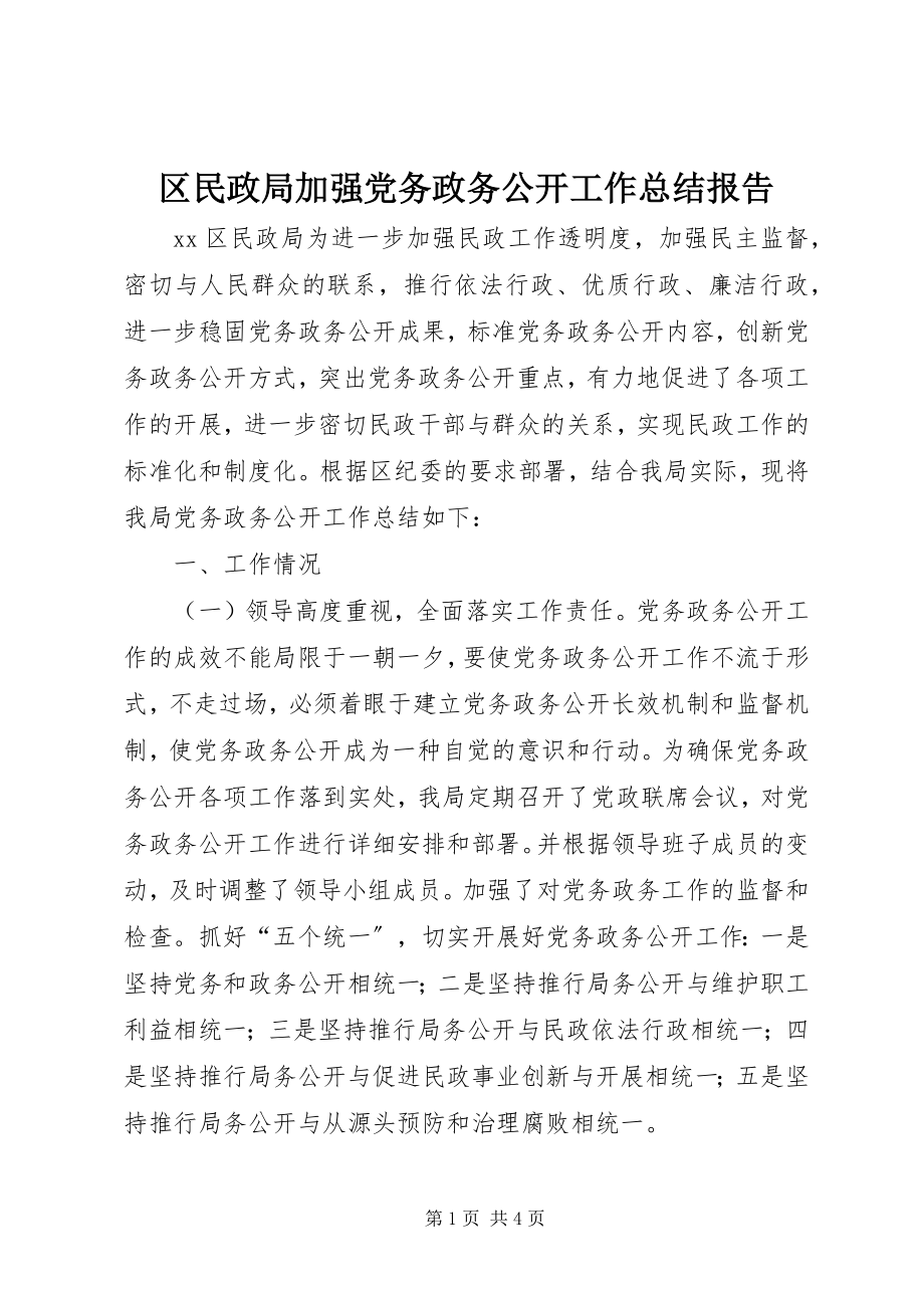 2023年区民政局加强党务政务公开工作总结报告.docx_第1页